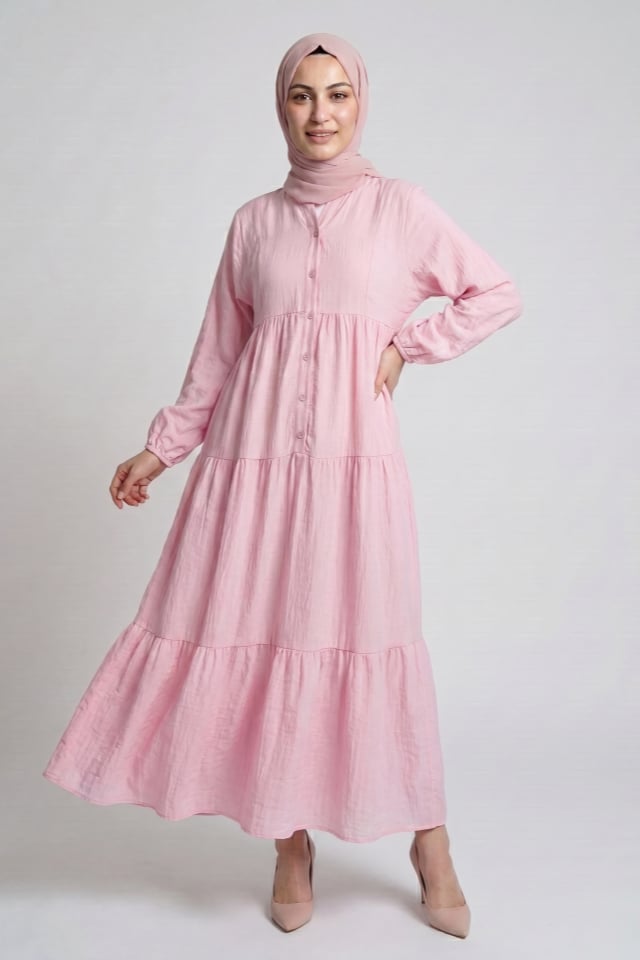 KATLI BÜZGÜLÜ İTHAL ÇİLEK KUMAŞ BOL RAHAT ELBİSE - Pembe