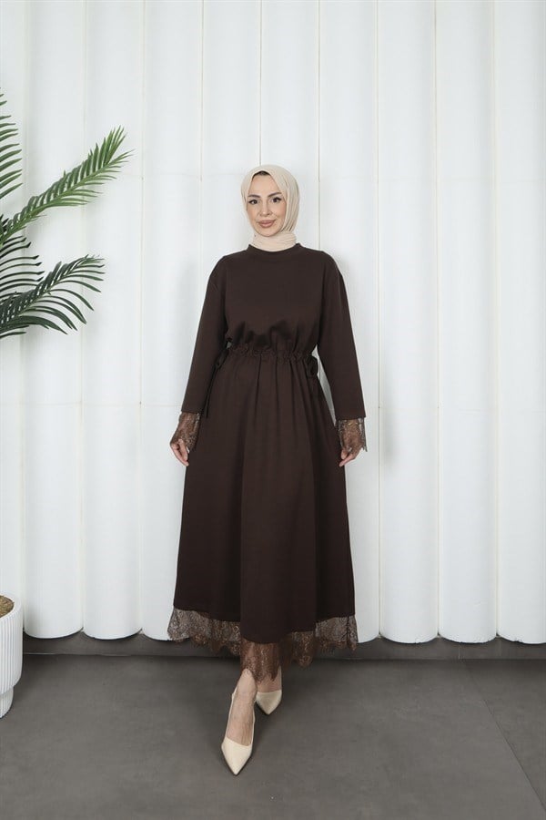 moda evcen dantel elbise 5184 kahve
