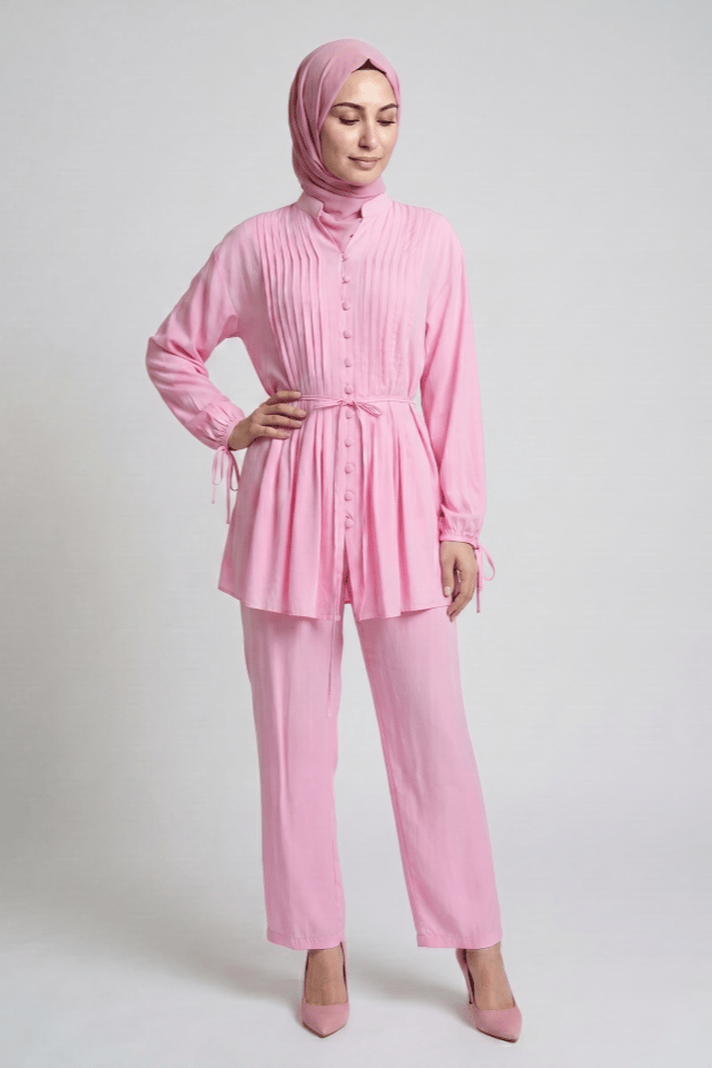 Nevrül Pileli Top Düğmeli Modal Pantolonlu Takım - Pembe