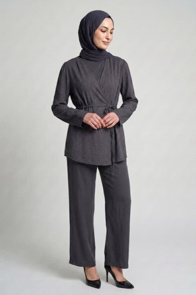 Taş Baskılı Modal Kumaş Kimono Takım - Füme