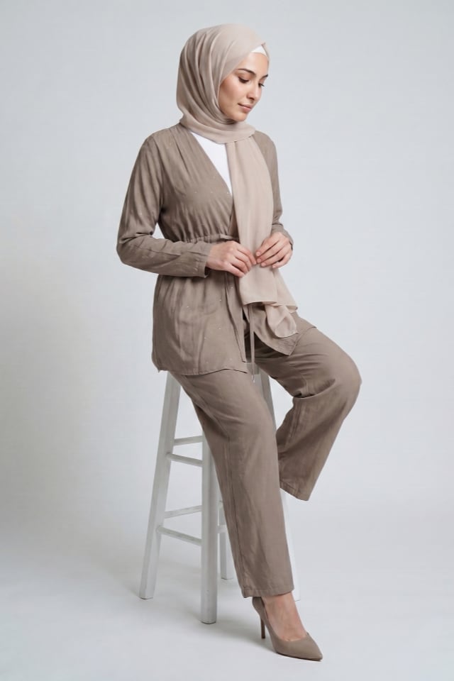 Taş Baskılı Modal Kumaş Kimono Takım - Vizon
