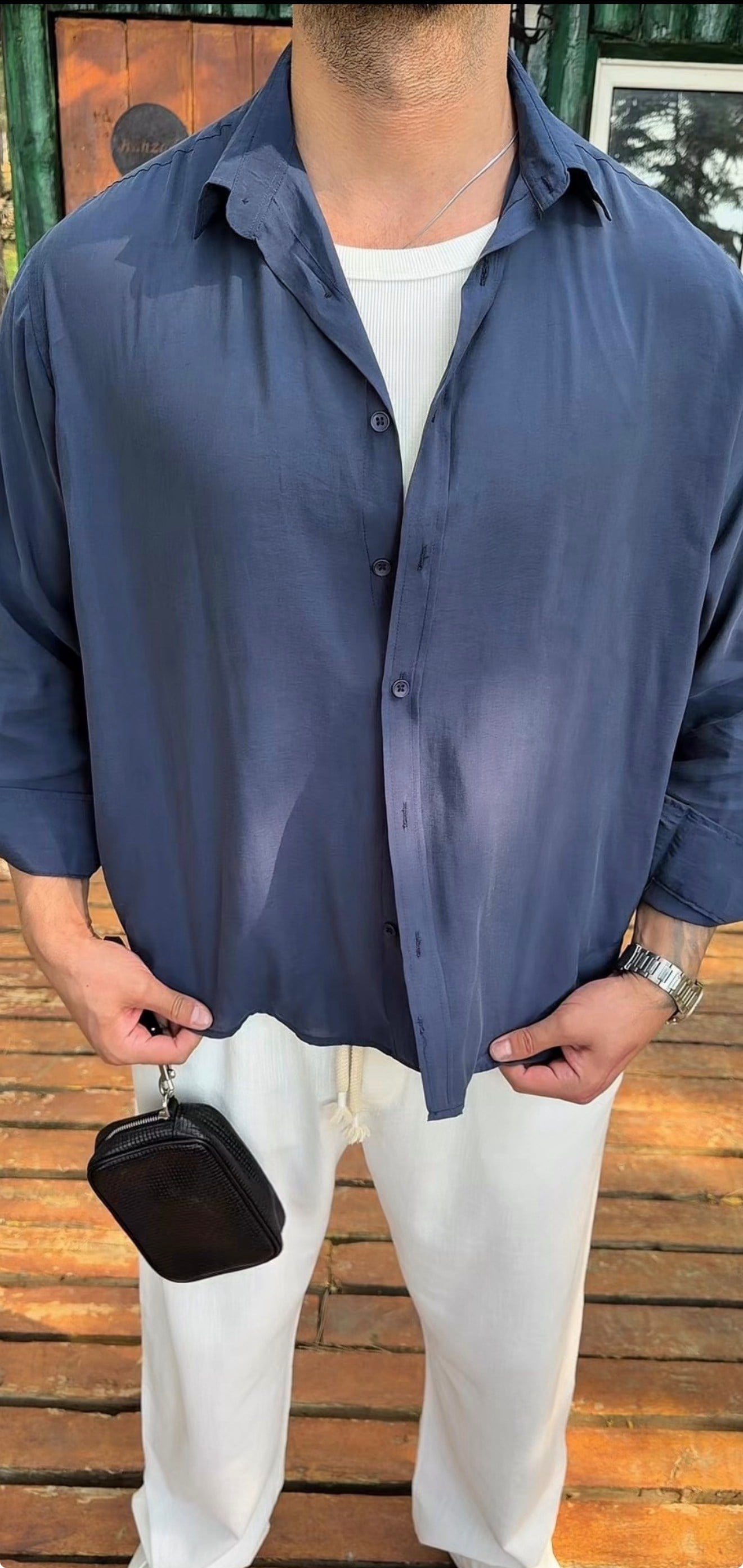 Mavi oversize kesim gömlek