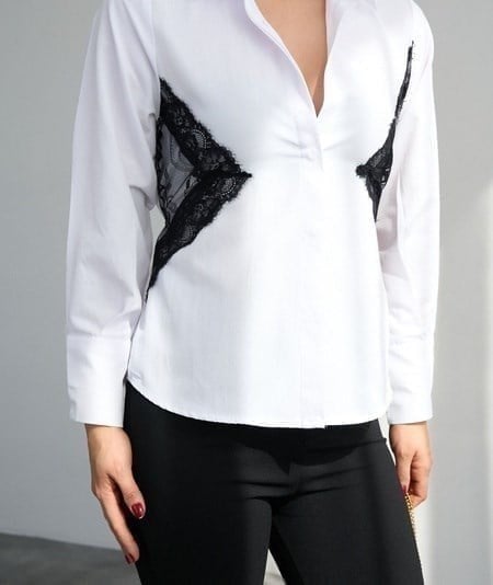 Belden dantelli gömlek - Beyaz