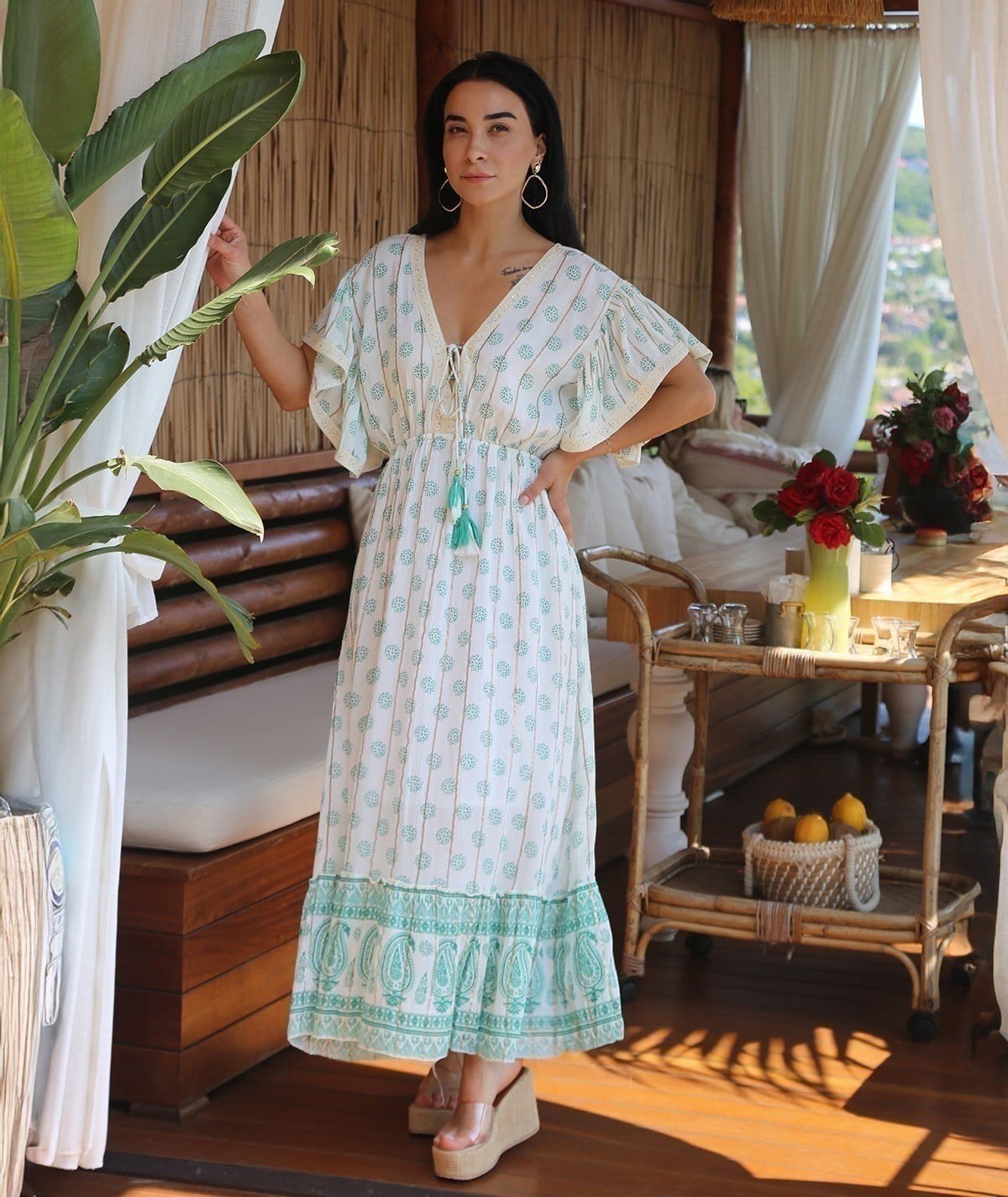 Bohem Desenli Bağcıklı Yazlık Elbise