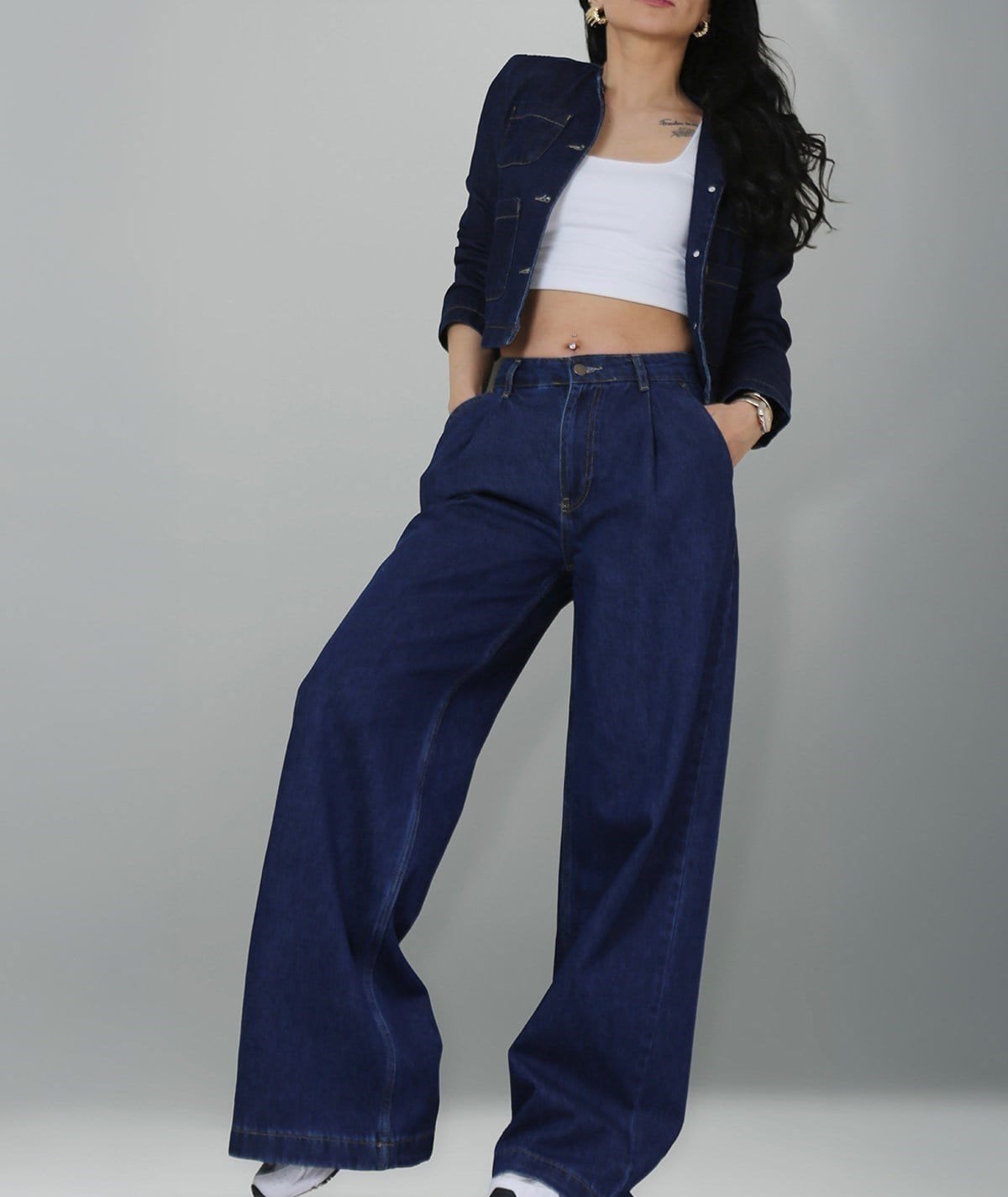 Cep Detaylı Lacivert Denim Takım