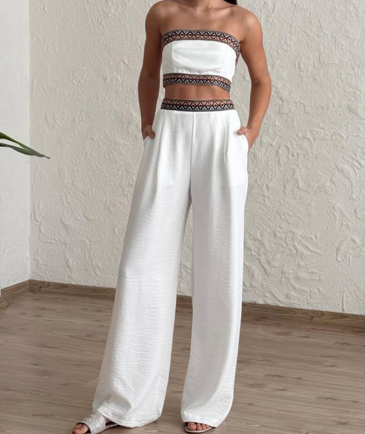 Etnik Şerit Detaylı Büstiyer & Pantolon Takım