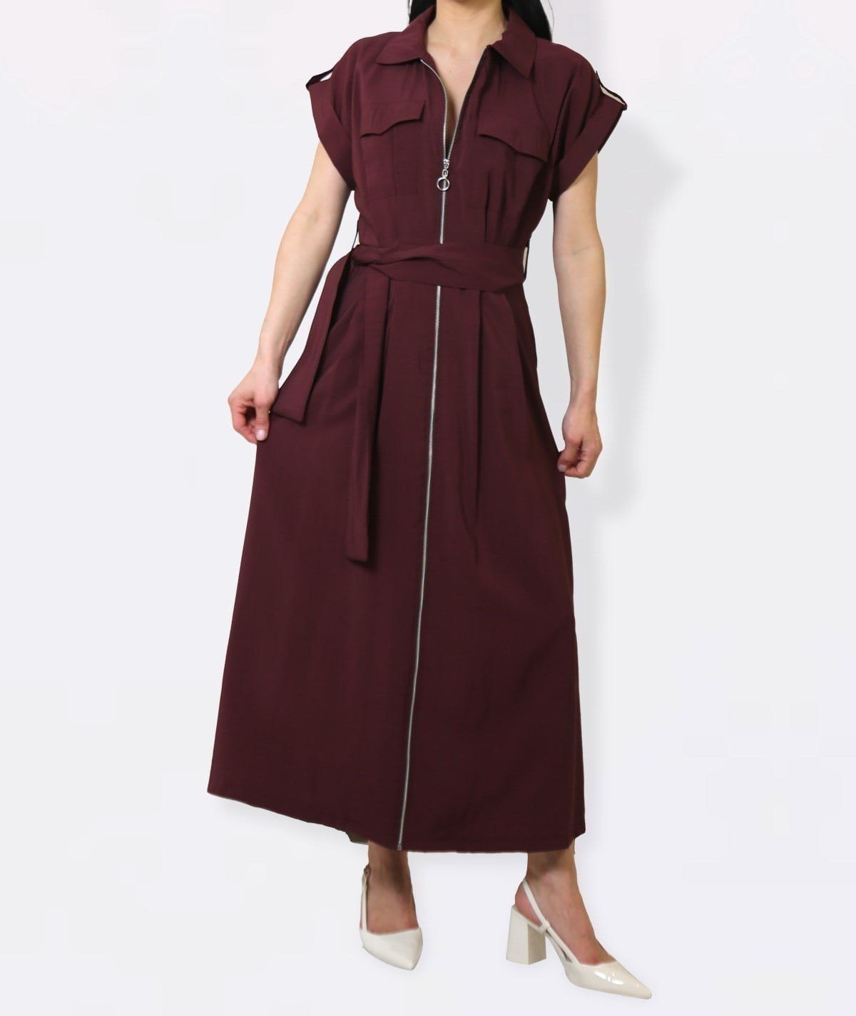 Fermuarlı Bordo Utility Maxi Elbise