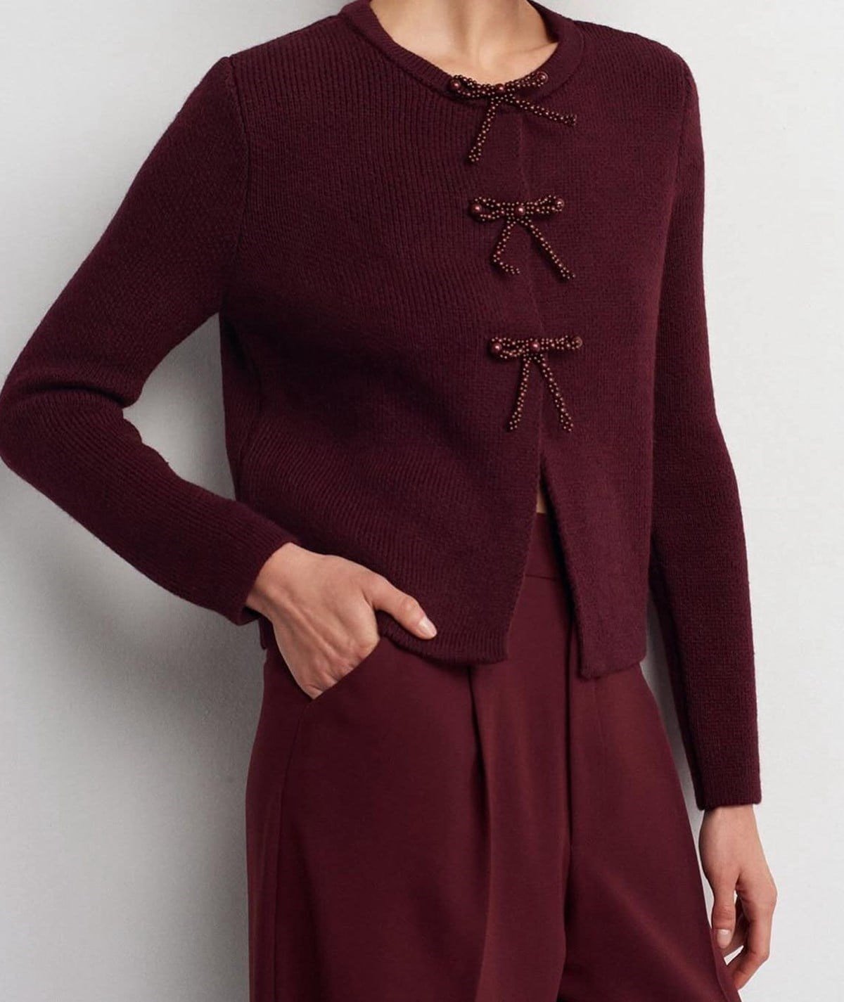 Fiyonk Detaylı Triko Hırka – Bordo