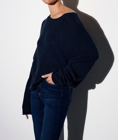 Kayık Yaka Dökümlü Triko Kazak-Lacivert