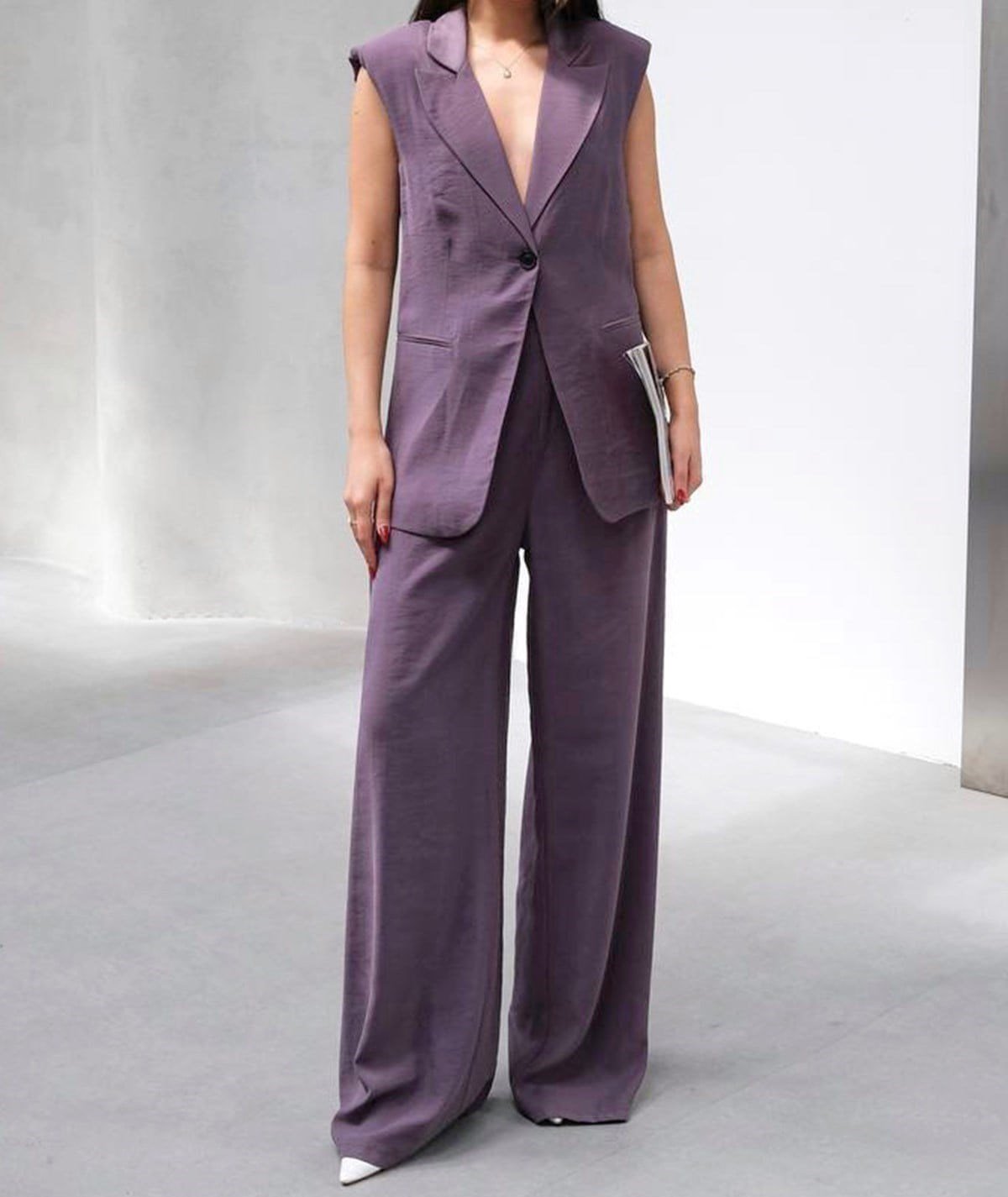 Kolsuz Ceket & Palazzo Pantolon Mor Takım