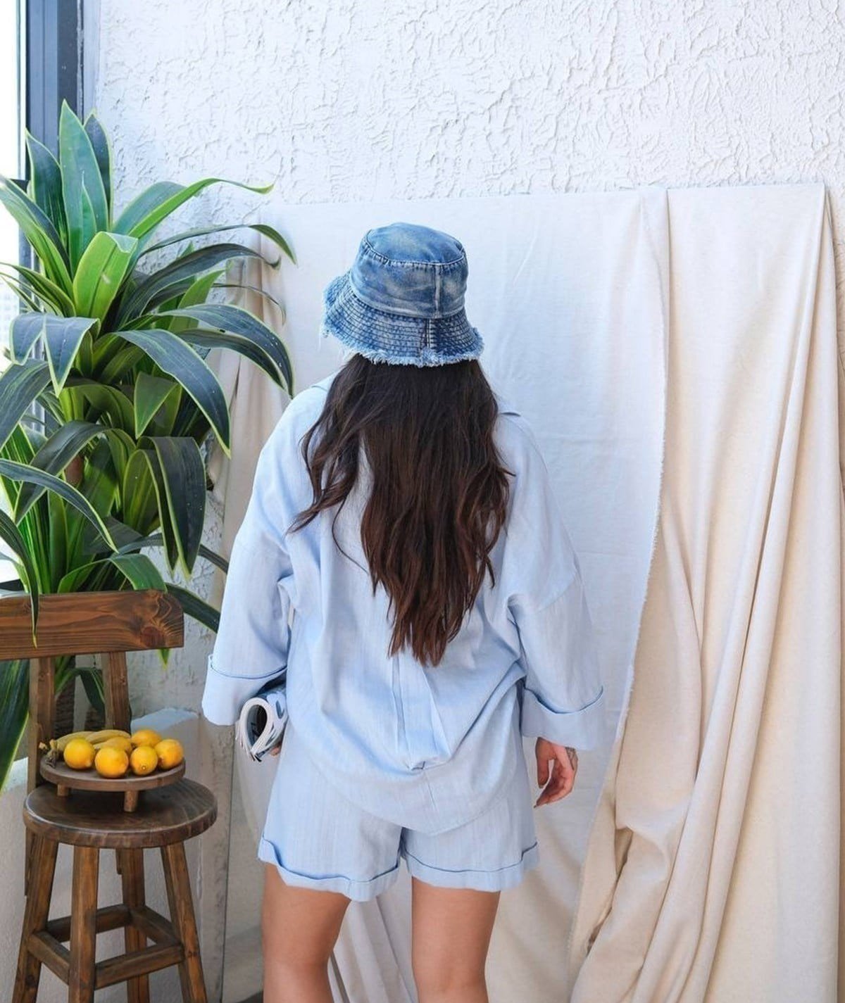 Mavi Keten Dokulu Şort-Gömlek Takım