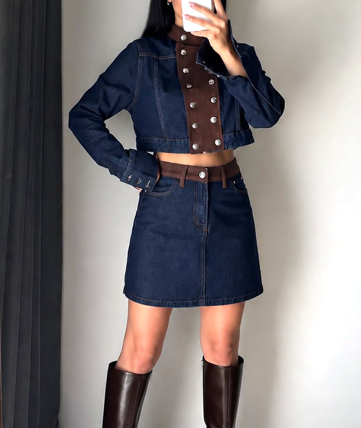 Süet Detaylı Denim Takım