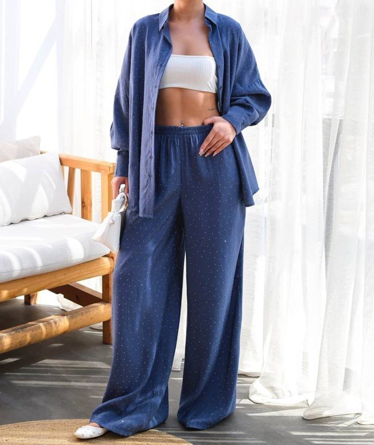 Taş Detaylı Gömlek & Pantolon Takım – Indigo