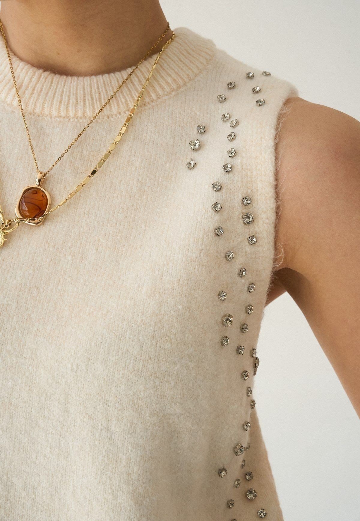 Taşlı Triko Atlet Krem