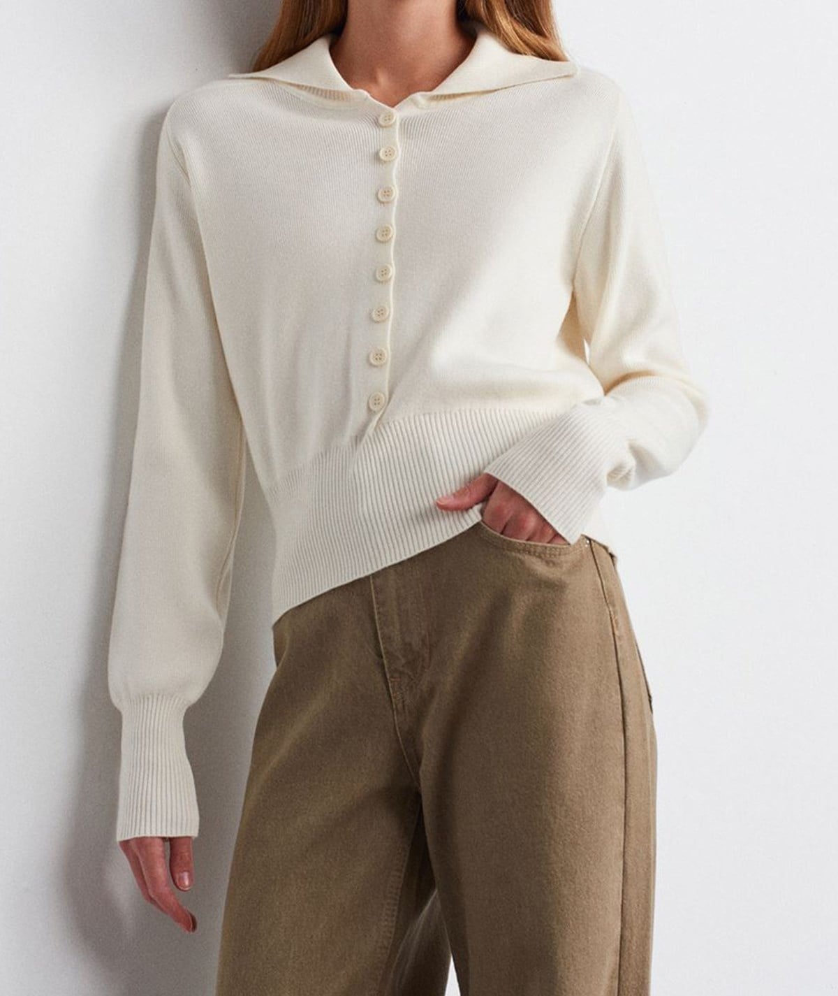 Yün Karışımlı Düğmeli Triko Kazak-Ekru