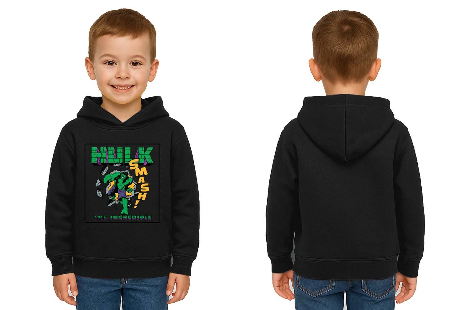 Hulk baskılı kapüşonlu pamuklu kumaş çocuk sweatshirt