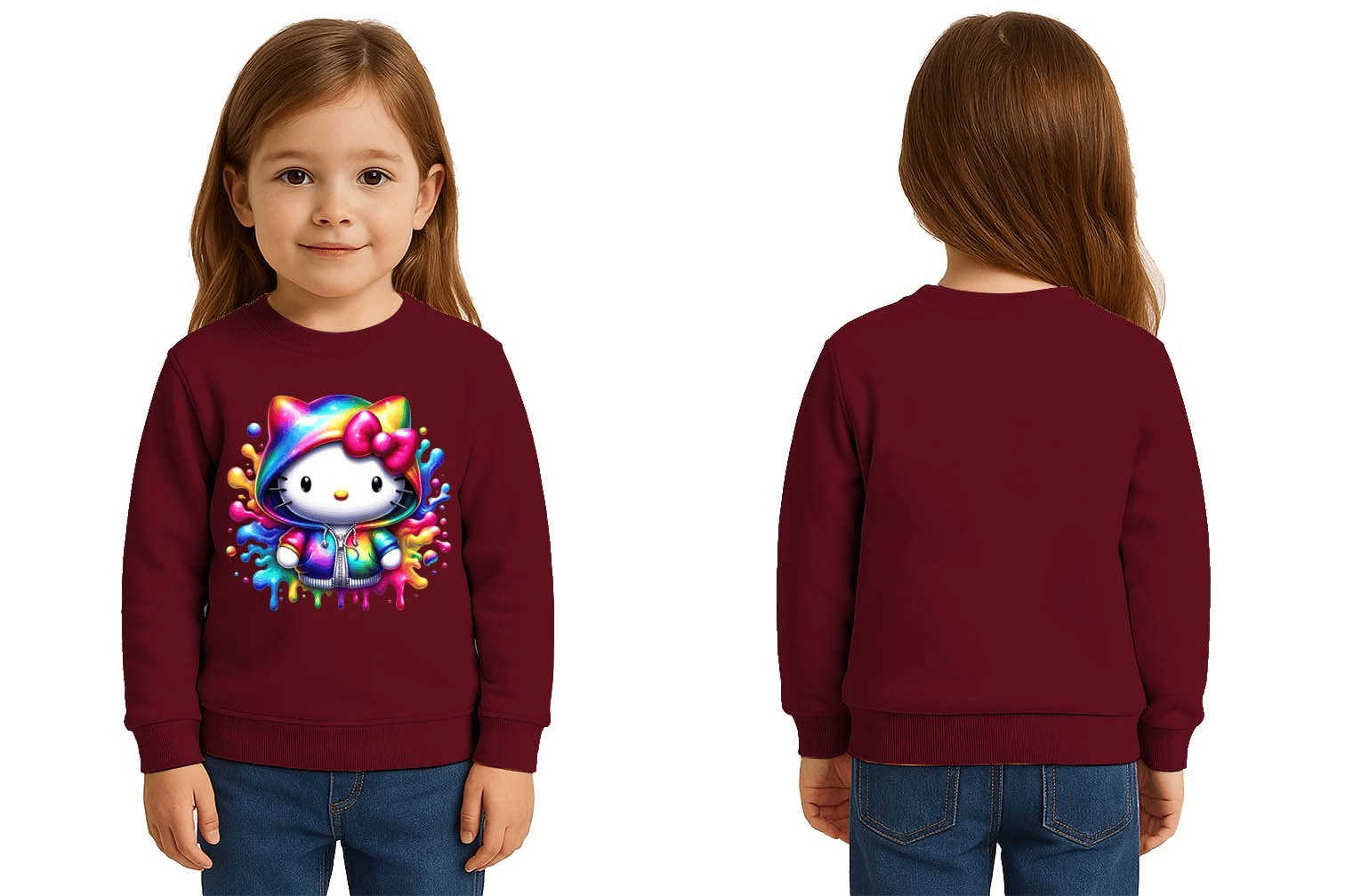 Unisex Hello Kity Baskılı Çocuk Swaetshirt 3 İplik Şardonlu