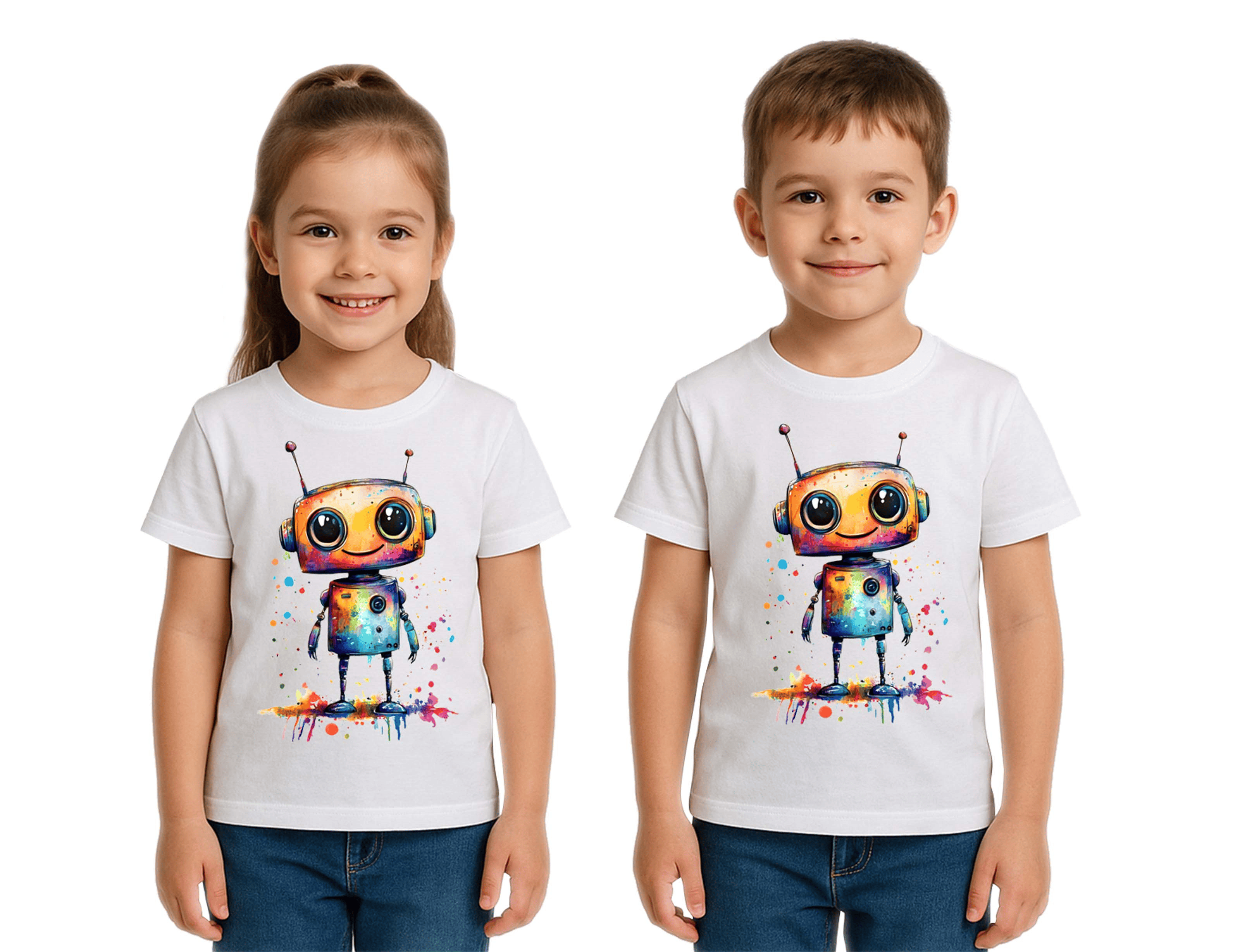 Unisex Robot Baskılı Çocuk Tişört pamuklu penye kumaş