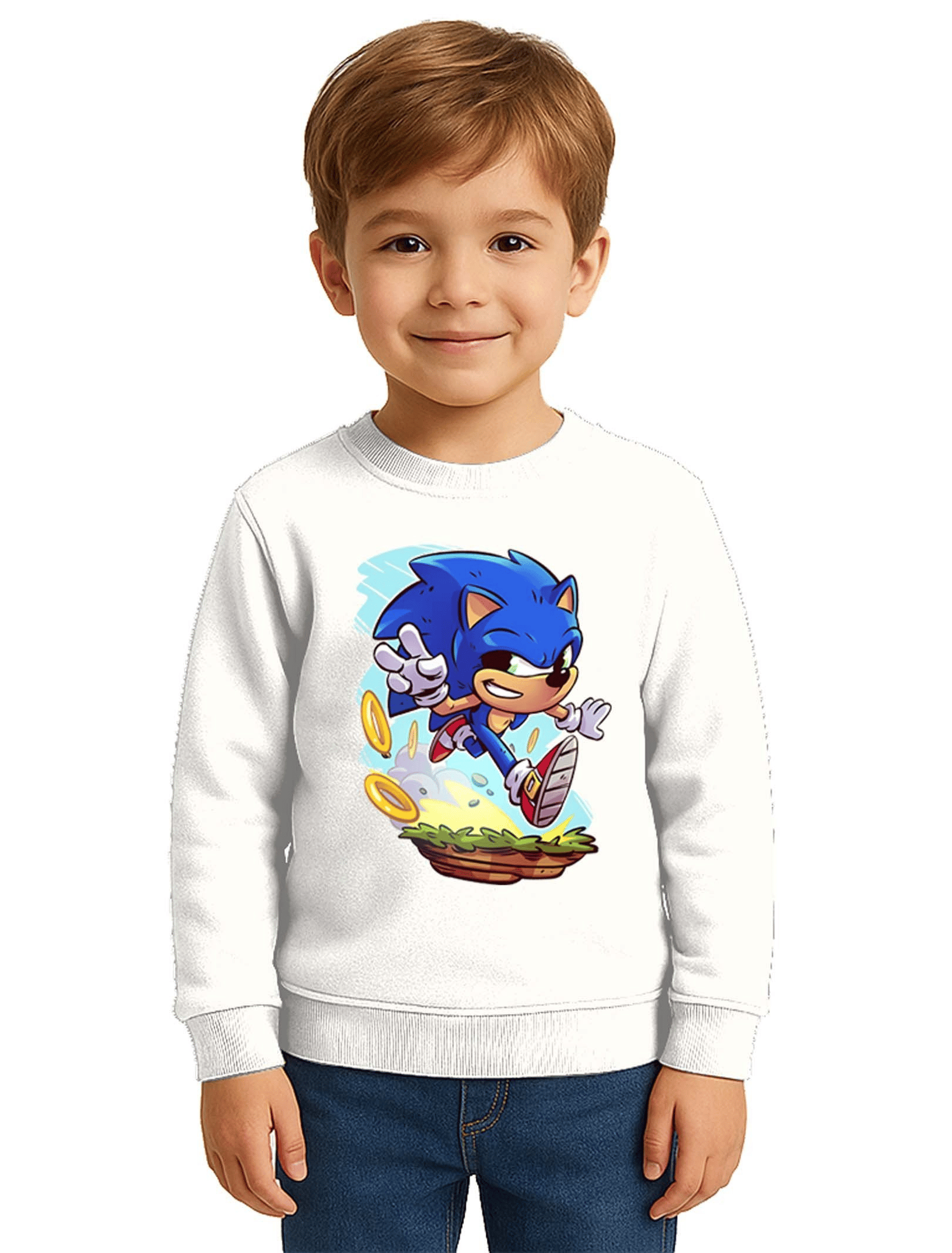 Unisex Sonic Baskılı Çocuk Swaetshirt 3 İplik Şardonlu