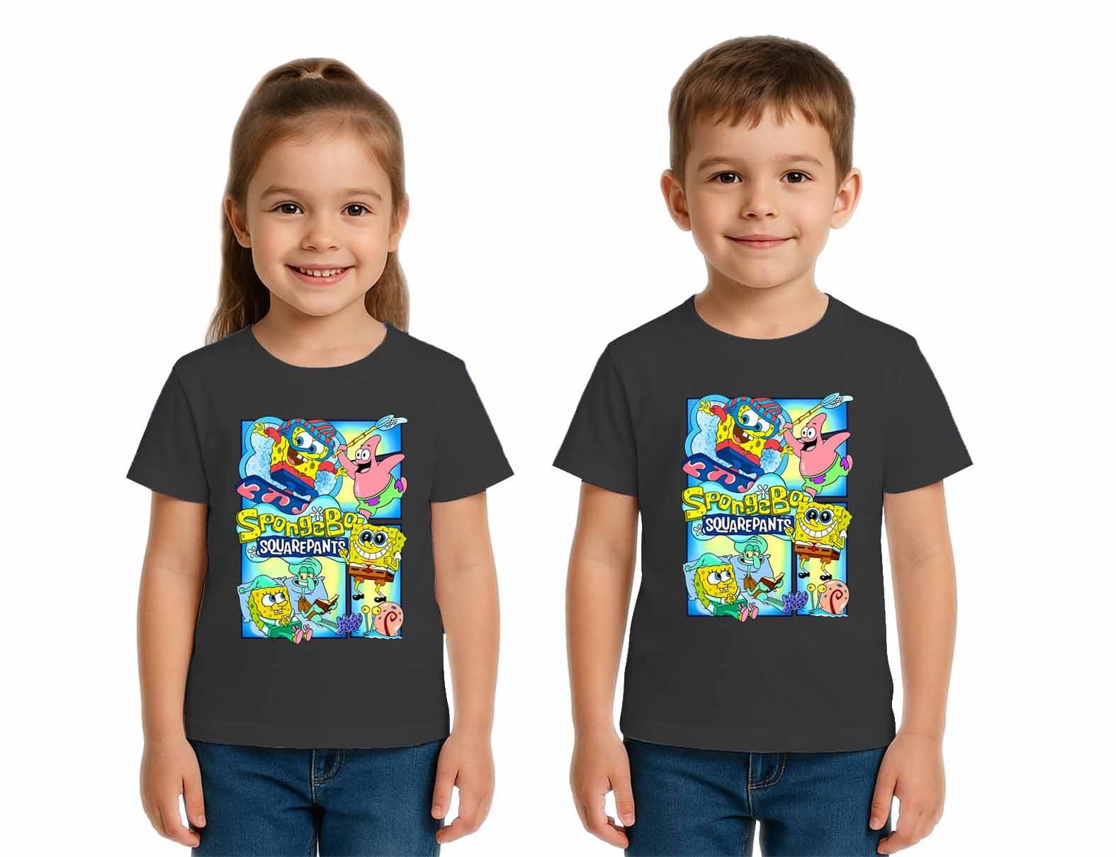 Unisex Sungerbob Baskılı Çocuk Tişört pamuklu penye kumaş