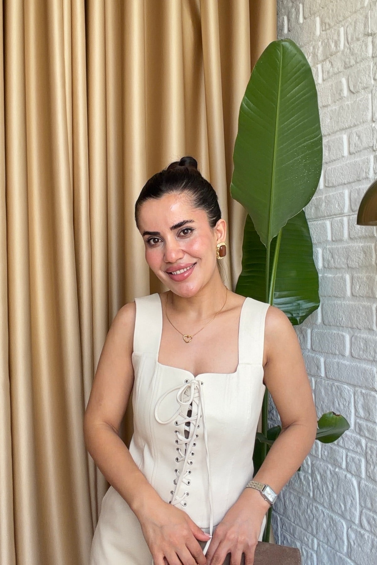 Krem Bağcıklı Korse Bluz