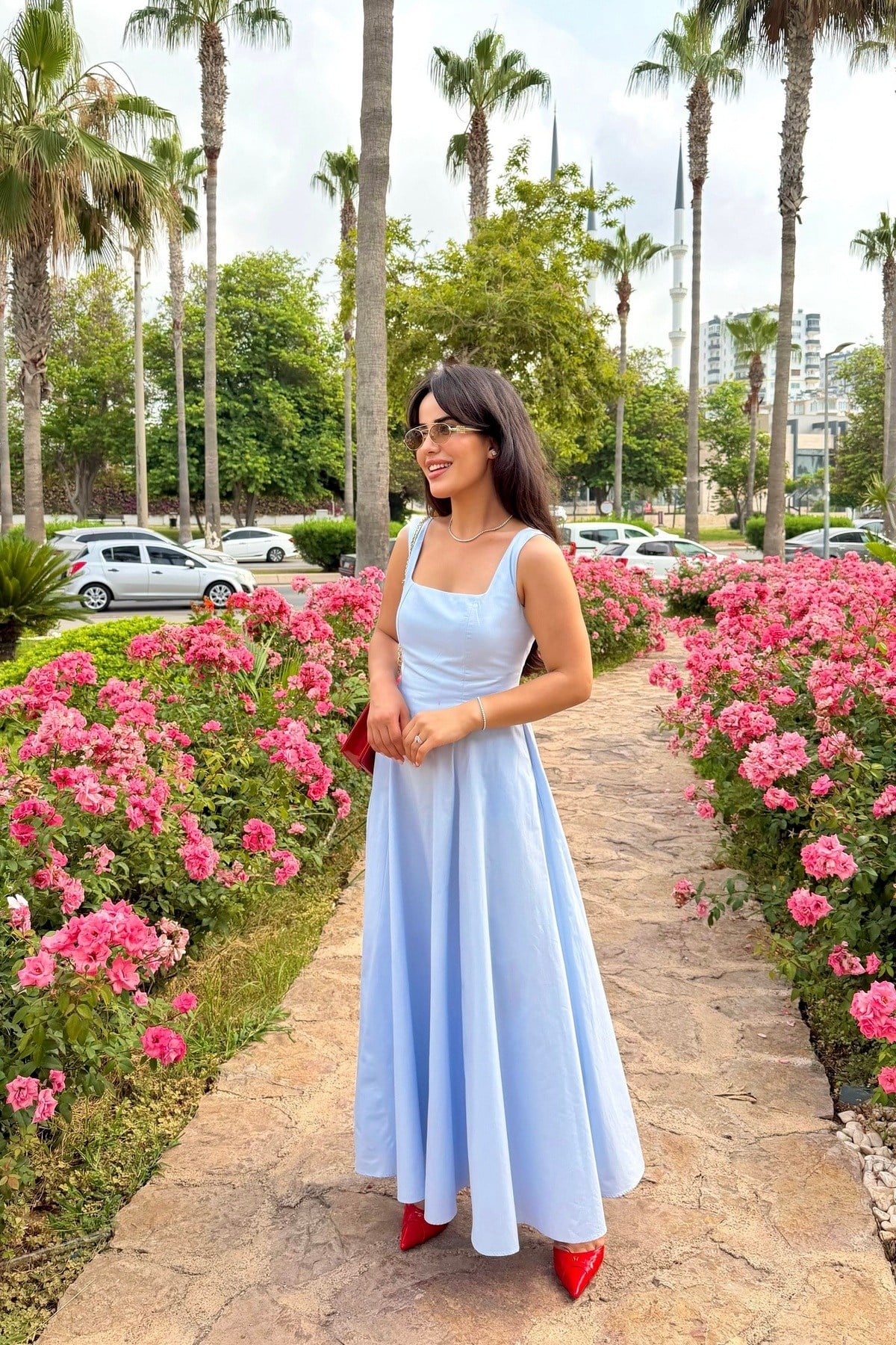 Prenses Kesim Poplin Elbise - Mavi