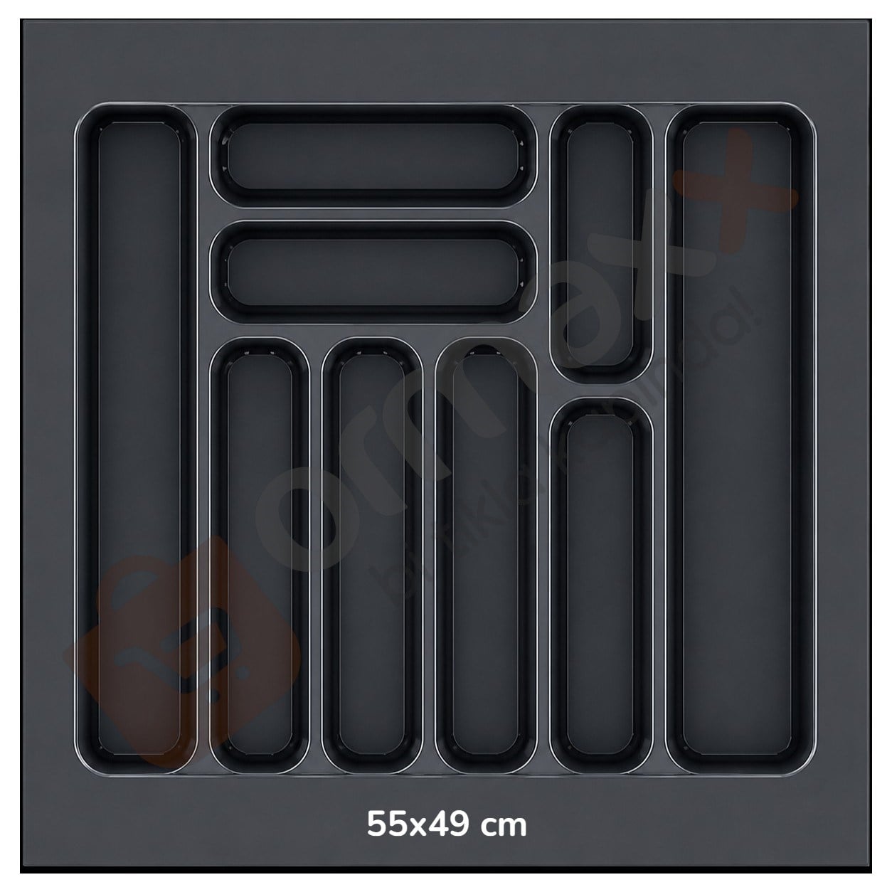 Çekmece İçi Lüks Plastik Kaşıklık 55*49 cm Antrasit {9 Göz En:485 mm Derinlik:400 mm Kesilebilir}
