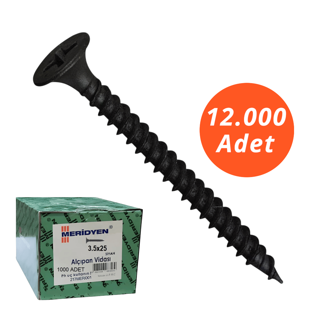 Meridyen Alçıpan Vidası 3,5*25 Sivri Uçlu 12.000 Adet - PH 2 Bits Uç ile Kullanılır