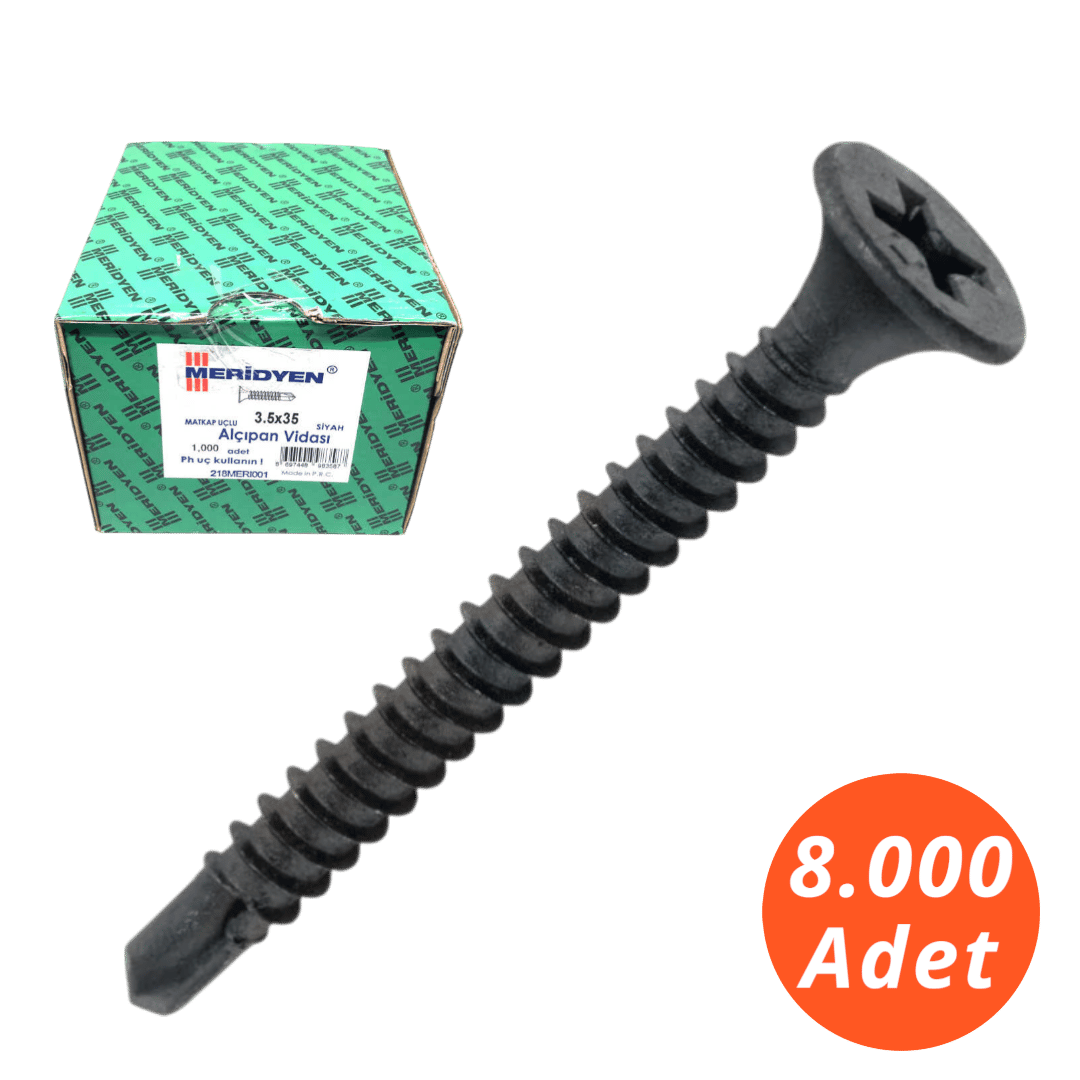 Meridyen Alçıpan Vidası 3,5*35 Matkap Uçlu 8.000 - PH 2 Bits Uç ile Kullanılır