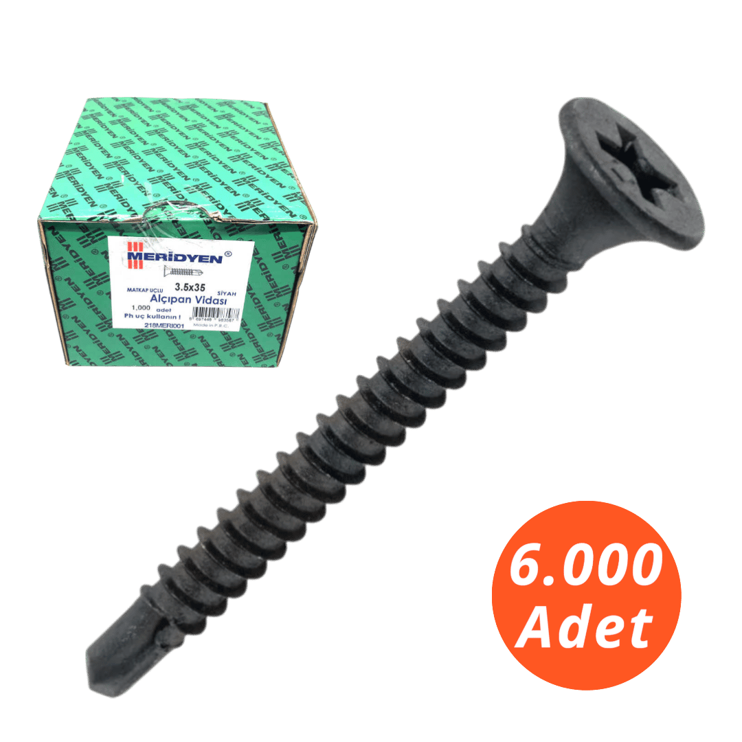 Meridyen Alçıpan Vidası 3,5*45 Matkap Uçlu 6.000 Adet - PH 2 Bits Uç ile Kullanılır
