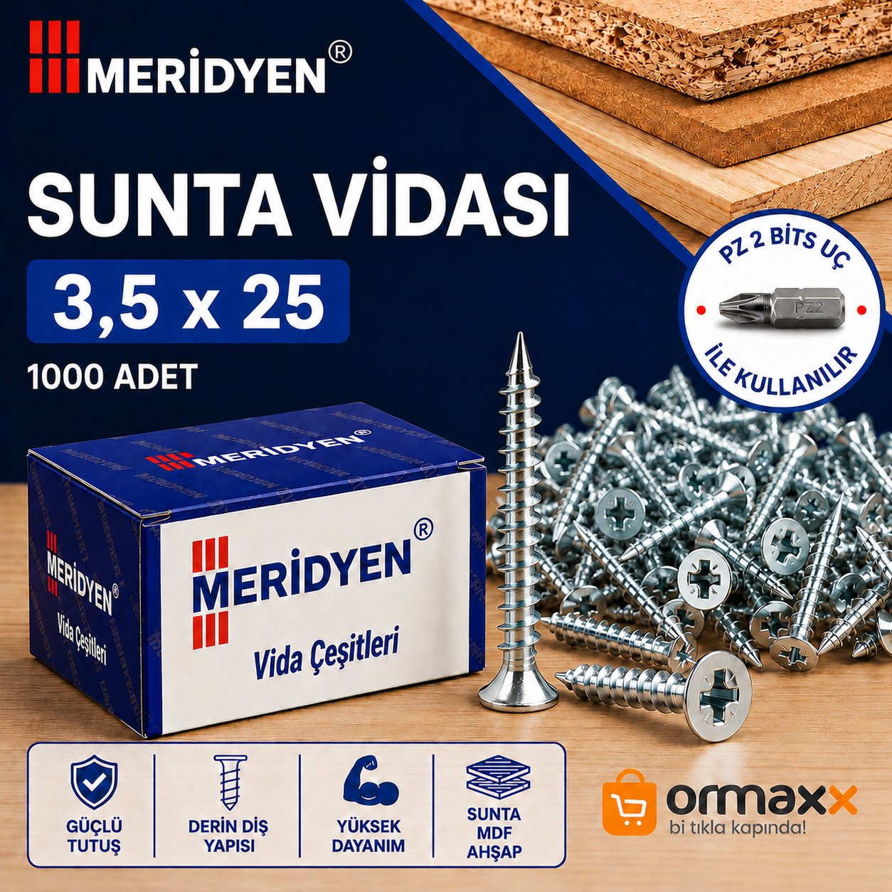 Meridyen Sunta Vidası 3,5*25 mm 1000'li Paket *18P - PZ 2 Bits Uç ile Kullanılır