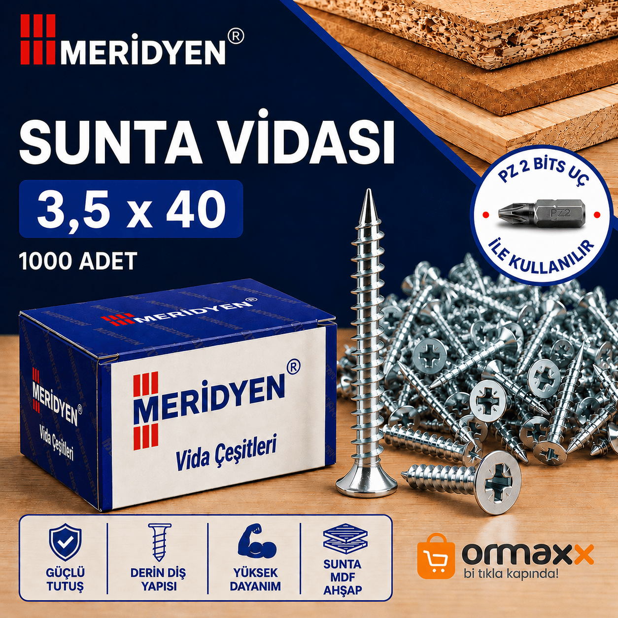 Meridyen Sunta Vidası 3,5*40 mm 500'lü Paket *18P - PZ 2 Bits Uç ile Kullanılır