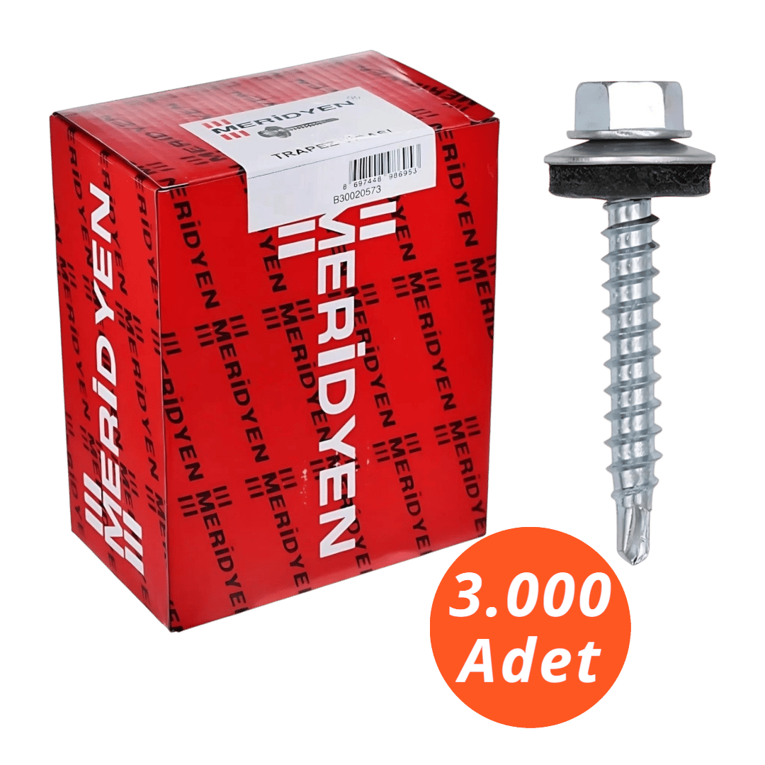 Meridyen Trapez Çatı Vidası 5,5*25 Matkap Uçlu 3.000 Adet - 8 mm Somun Adaptörü ile Kullanılır