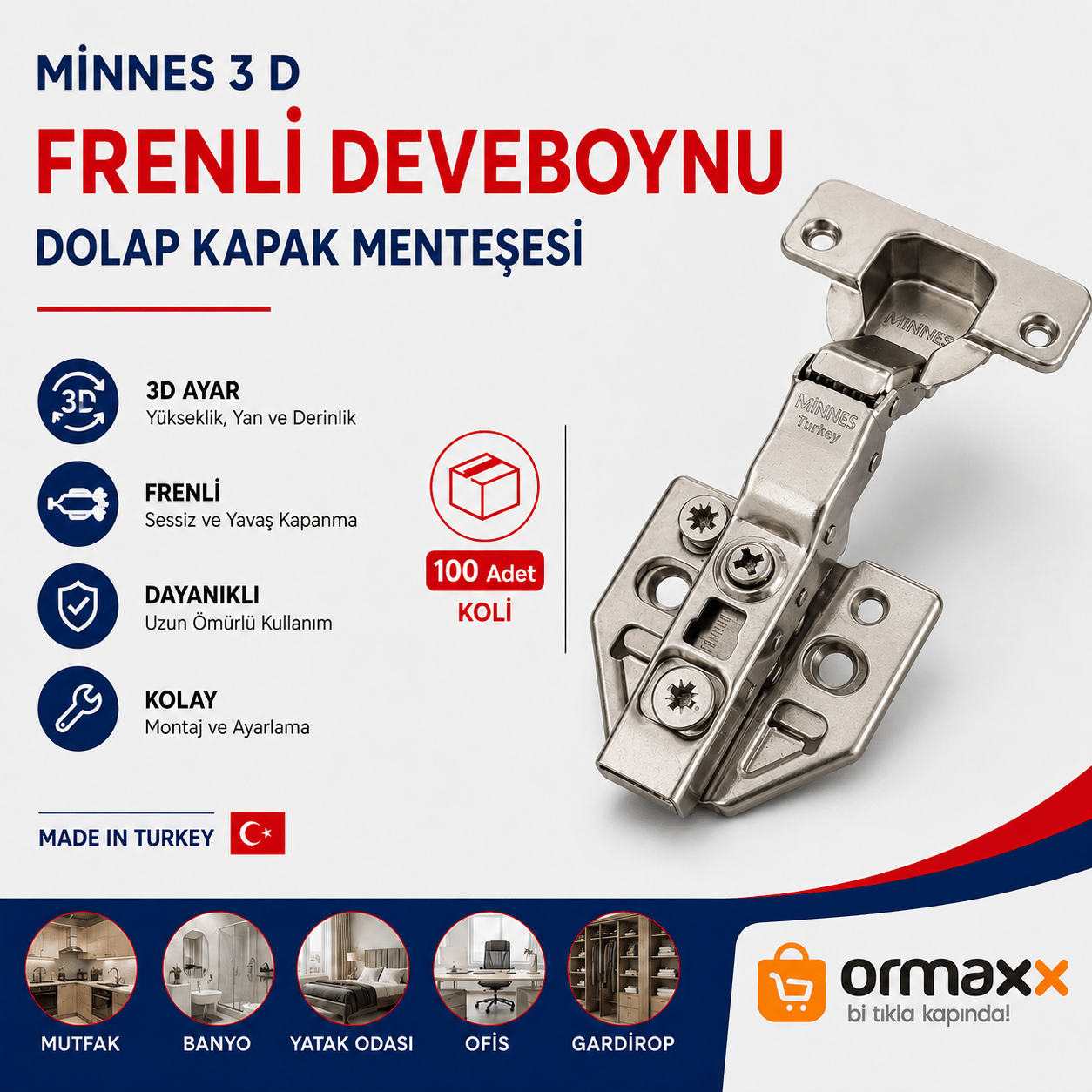 Minnes 3 D Frenli Yarım Deve Dolap Kapak Menteşesi