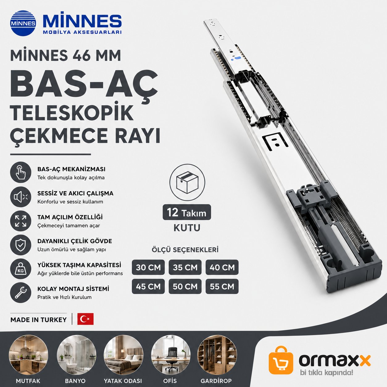 Minnes Bas-Aç Teleskopik Çekmece Rayı 46*400 mm