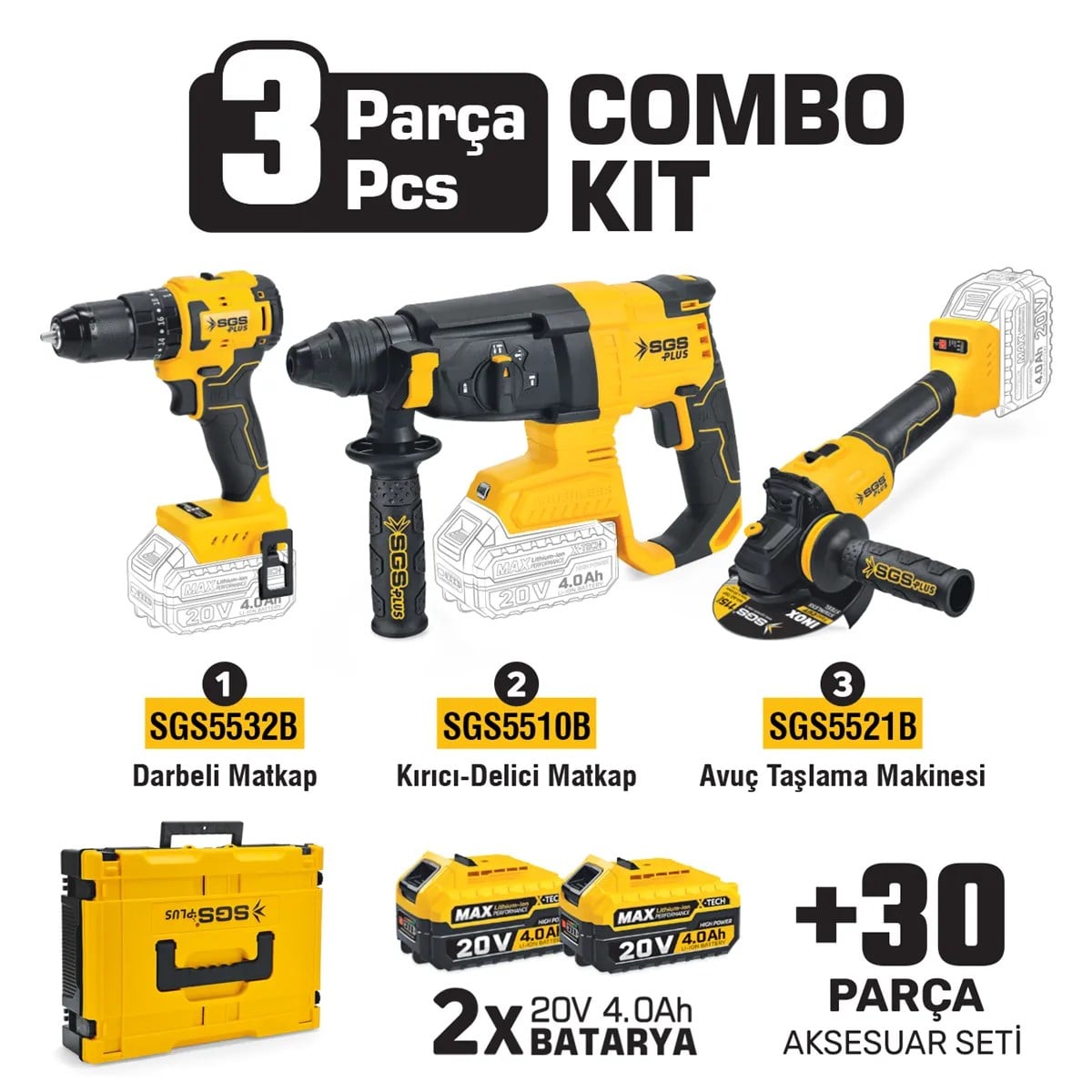 SGS 5450 Combo Akülü 3'lü Set | Darbeli Matkap/Kırıcı-Delici Matkap/Avuç Taşlama Makinesi