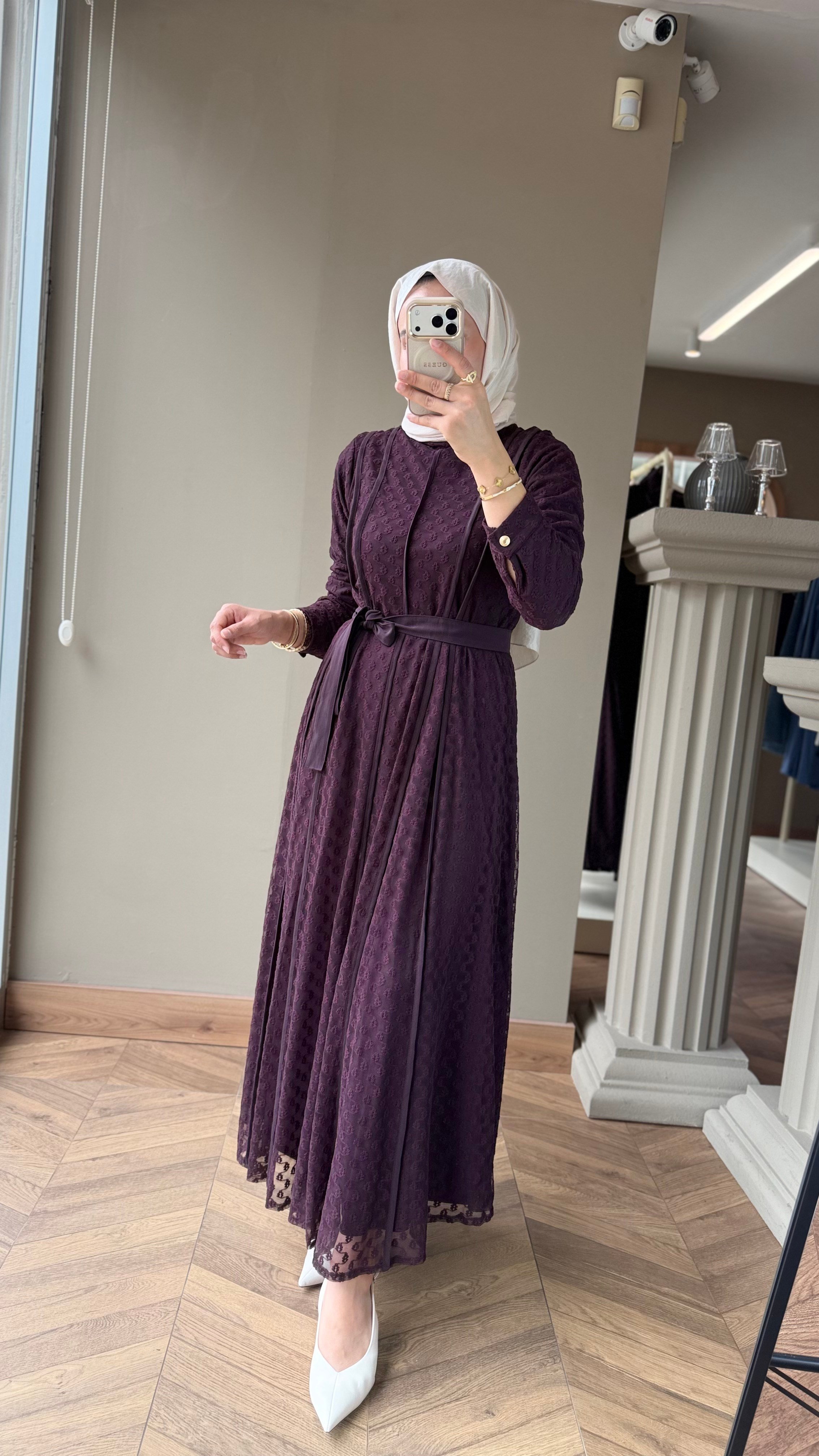 LAVİN Dantel Dokulu Elbise | Mürdüm