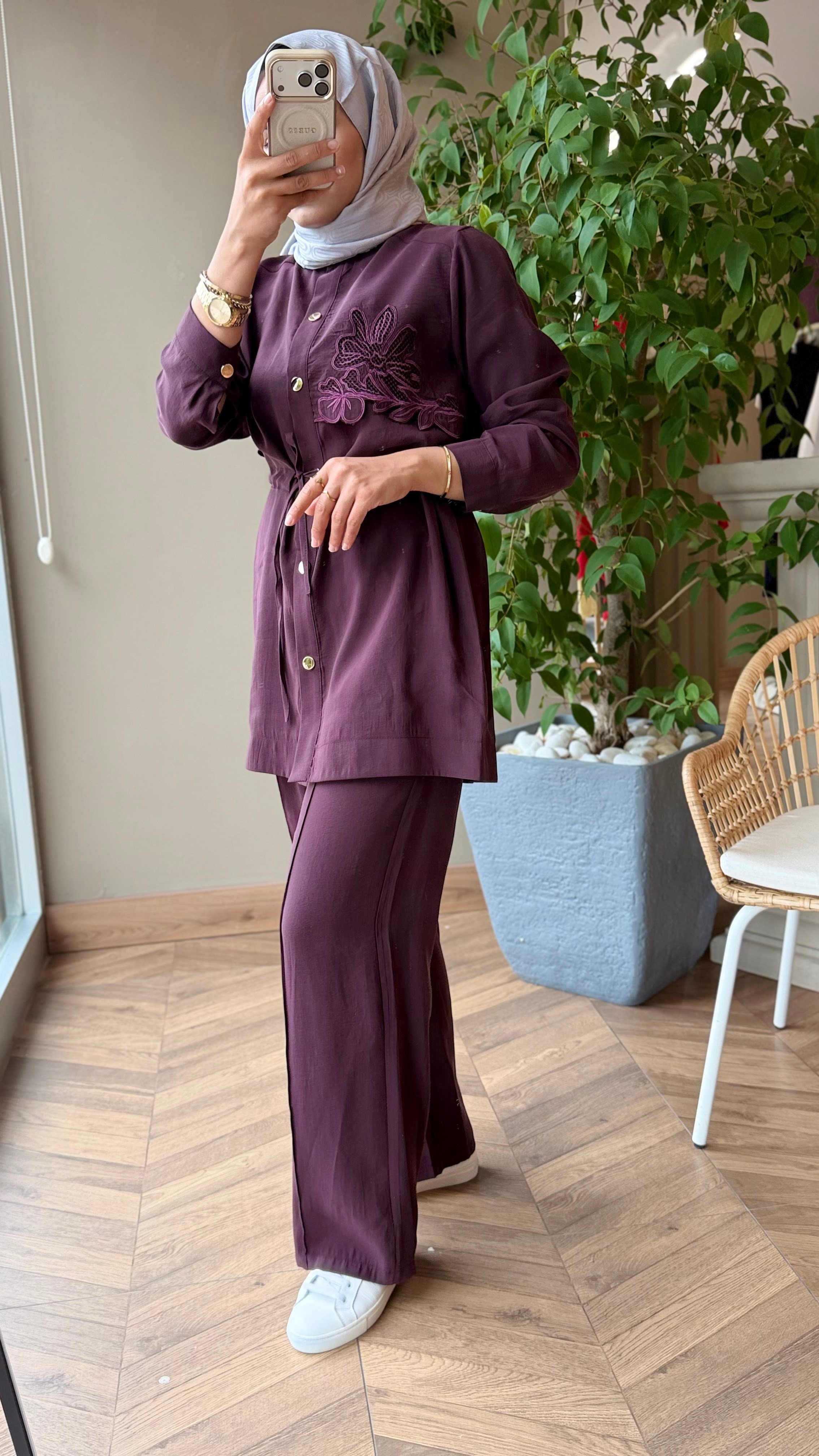 LENA Çiçek Aplikeli İkili Takım | Bordo