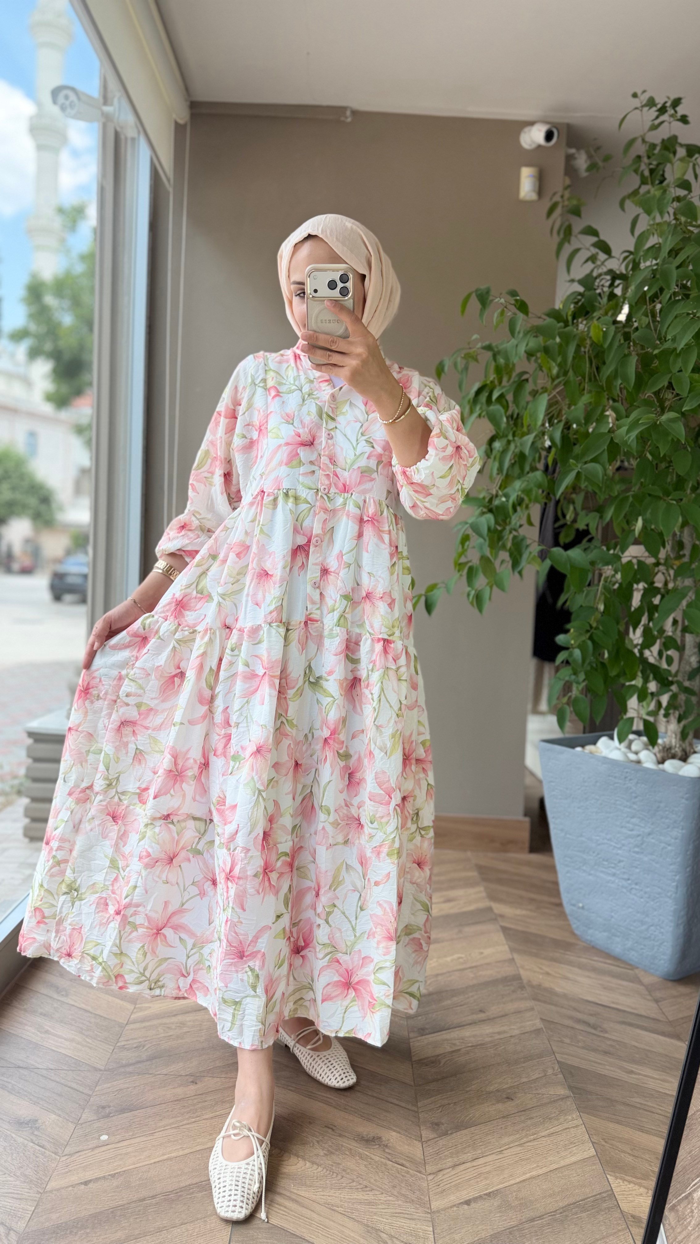 Lilya Çiçek Desenli Vual Elbis | Pembe