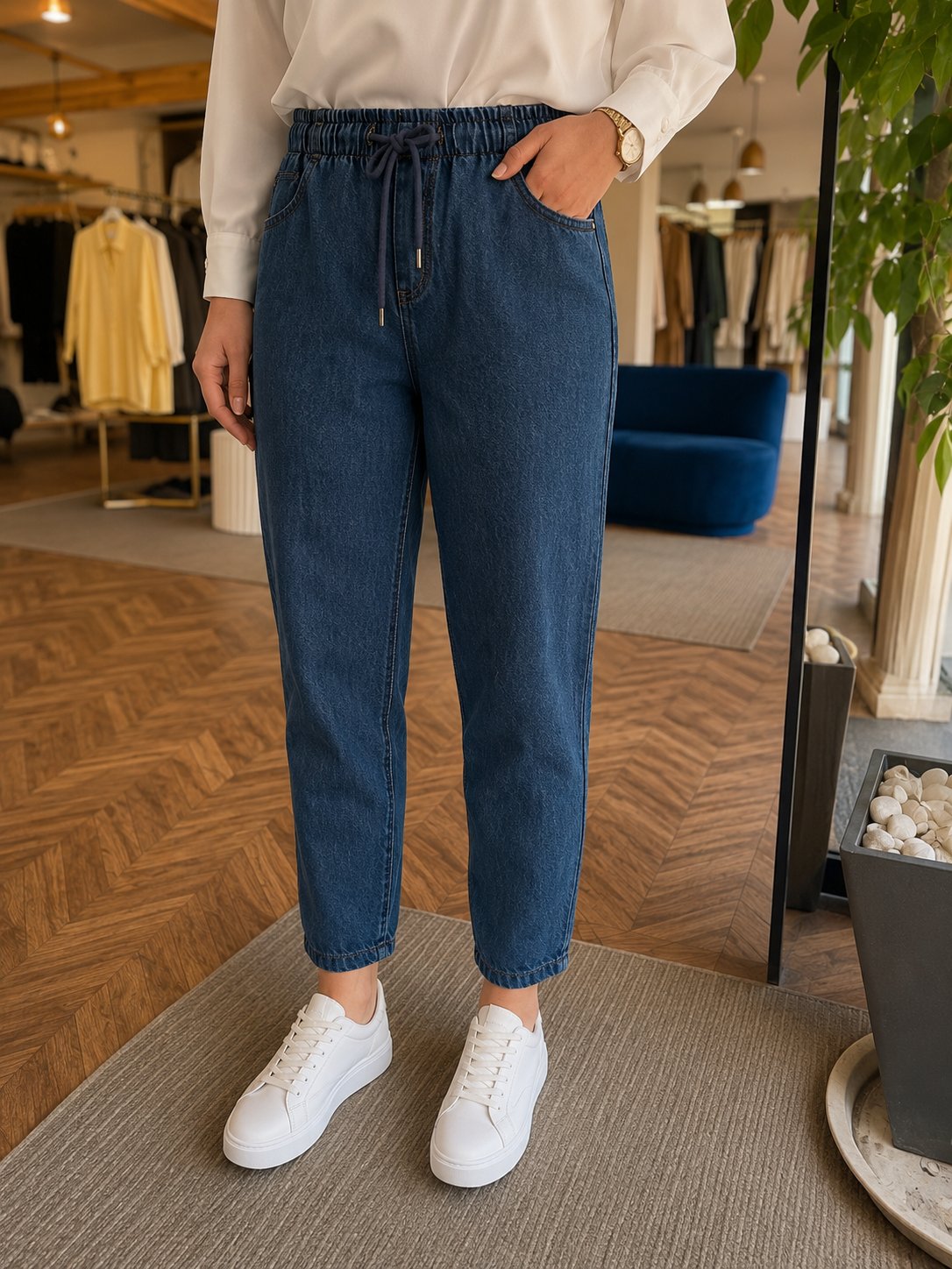 Line Lastikli Denim Pantolon | Koyu Mavi Denim