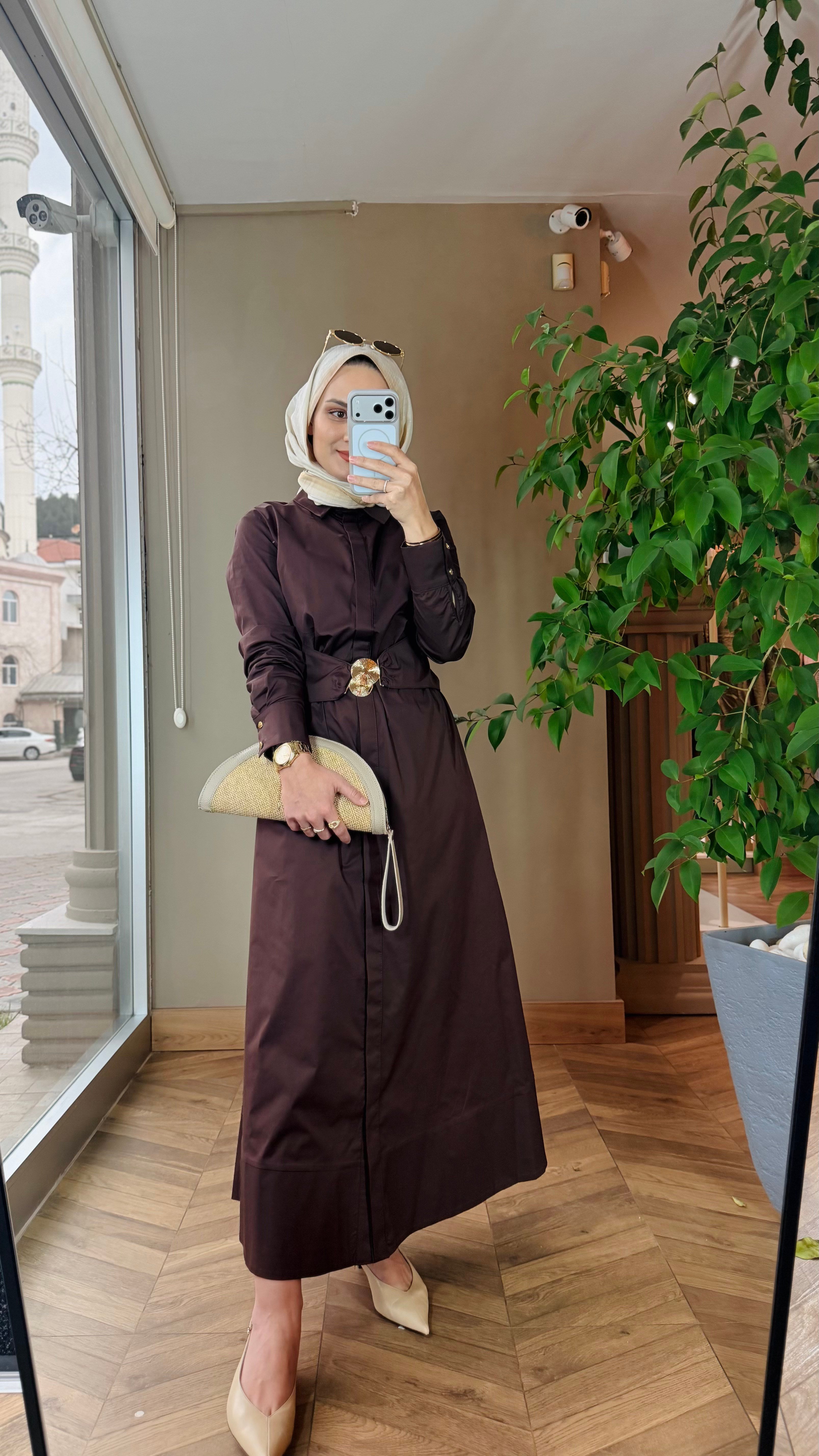 LUXORA Kemer Detaylı Gömlek Elbise | Kahverengi