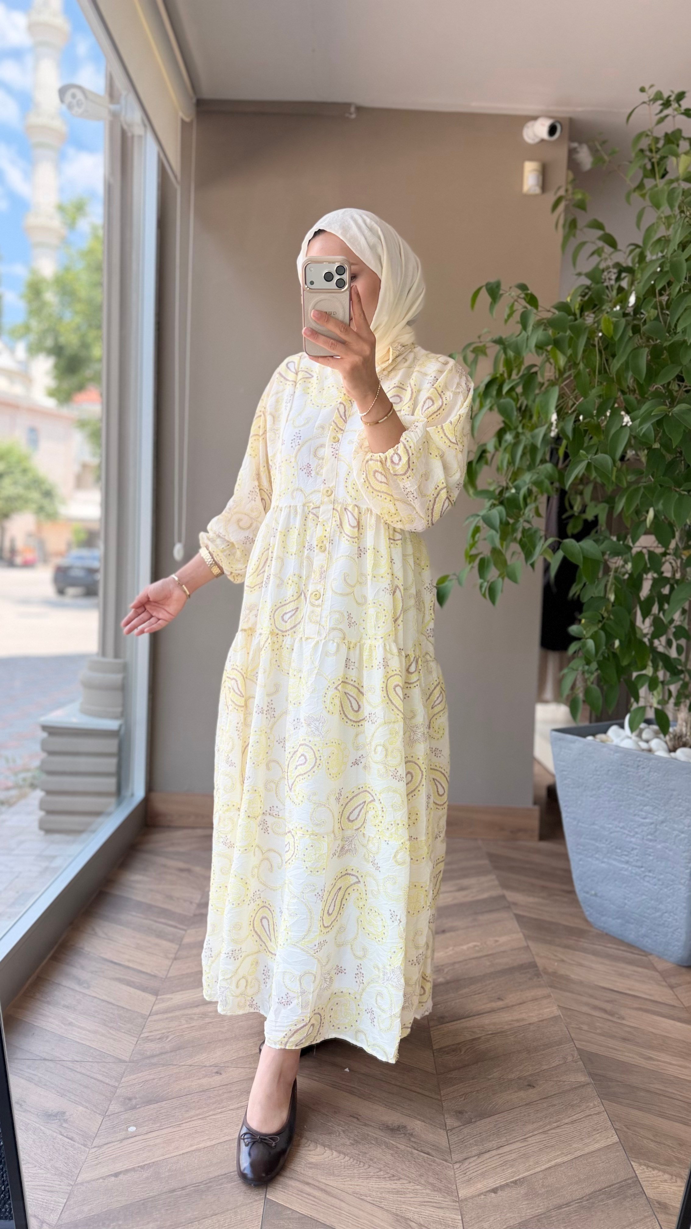 Mira Etnik Desenli Vual Elbise | Sarı