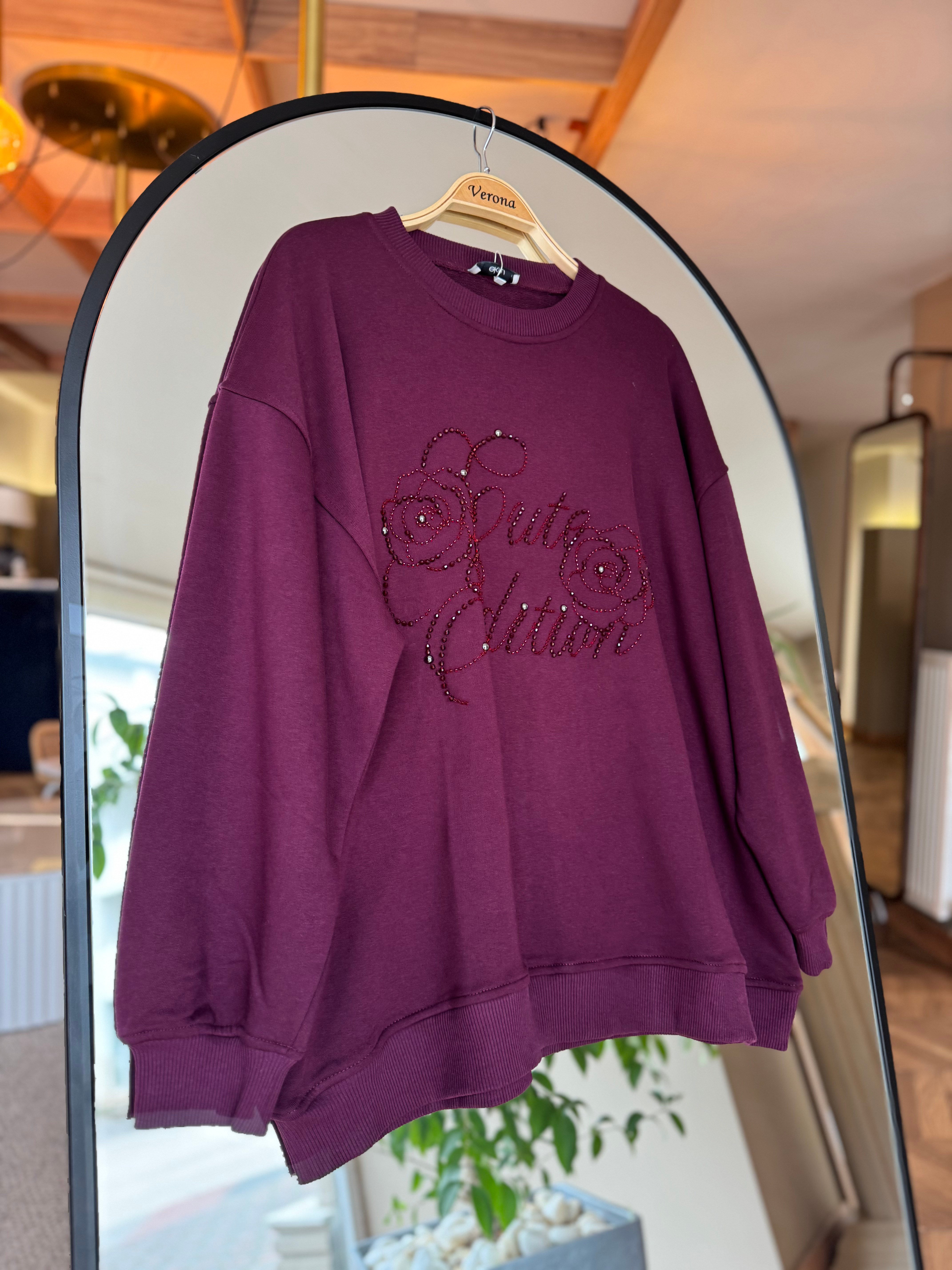Taş Detay Yazı Baskılı Sweat | Bordo