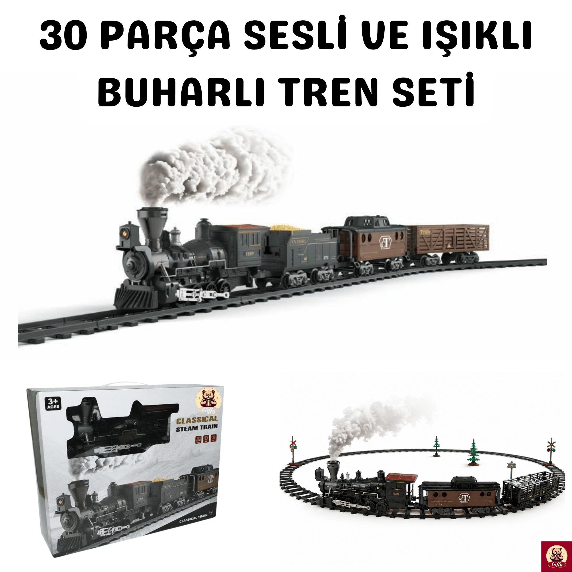 Işıklı Sesli Buharlı Tren Seti 30 Parça – Gerçek Buhar Efektli, Klasik Lokomotif Oyuncak Tren (135 cm Ray)