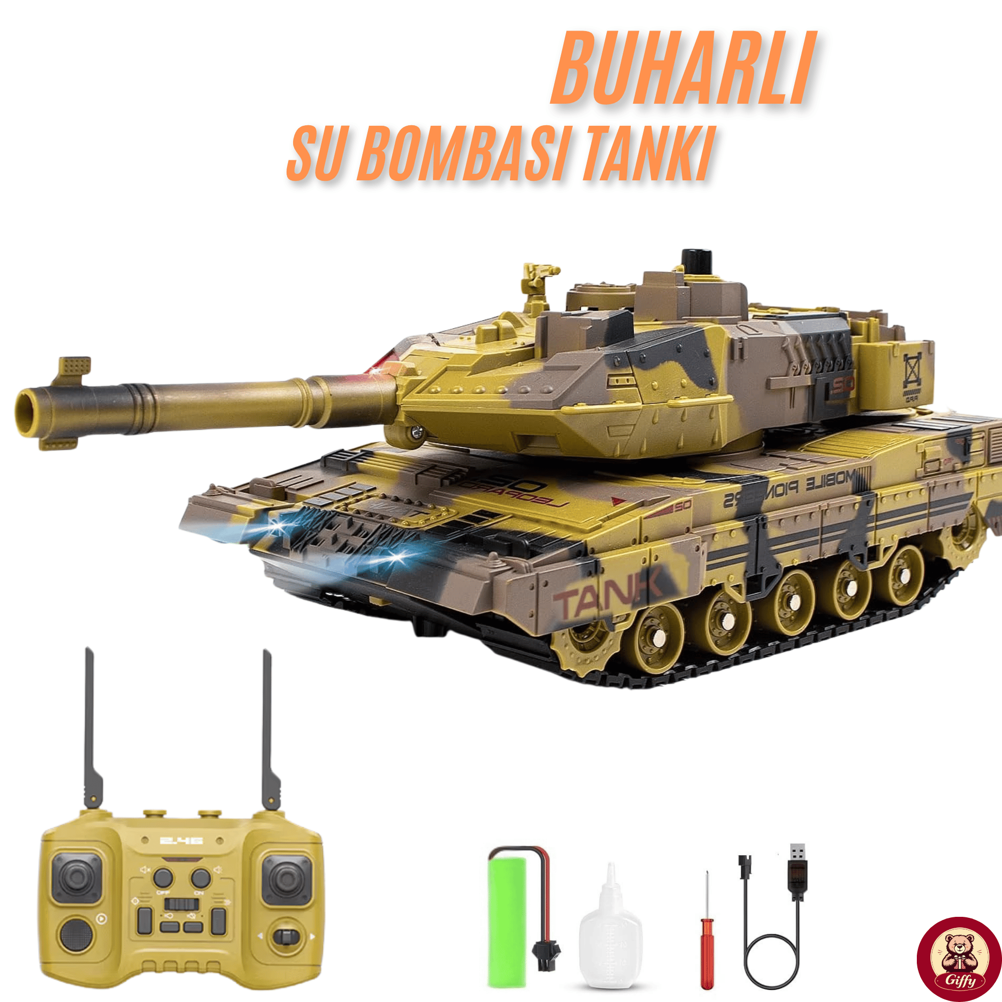 Oyuncak 2.4 Uzaktan Kumandalı Su Bombası Atan Tank Buharlı 1200 Şarjlı Sesli Gövdesi 360° Hareketli Gövde (Sarı)