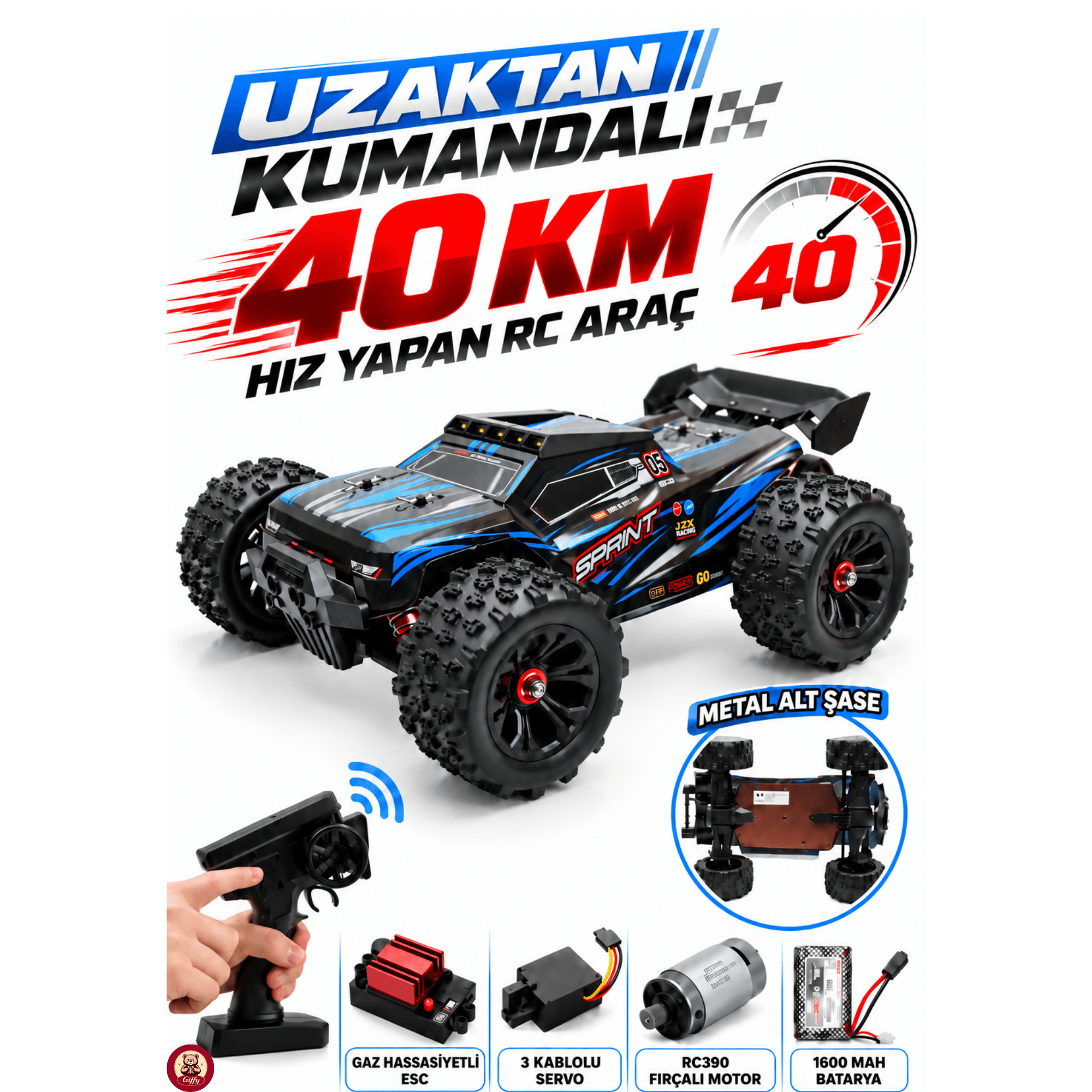 Oyuncak 2.4 GhZ Uzaktan Kumandalı RC Arazi Arabası 40 Km/sa Hız 4x4 Çekiş Metal Şase RC390 Motor Şarjlı Led Işıklı Gaz ve Direksiyon Hassasiyetli (Mavi)