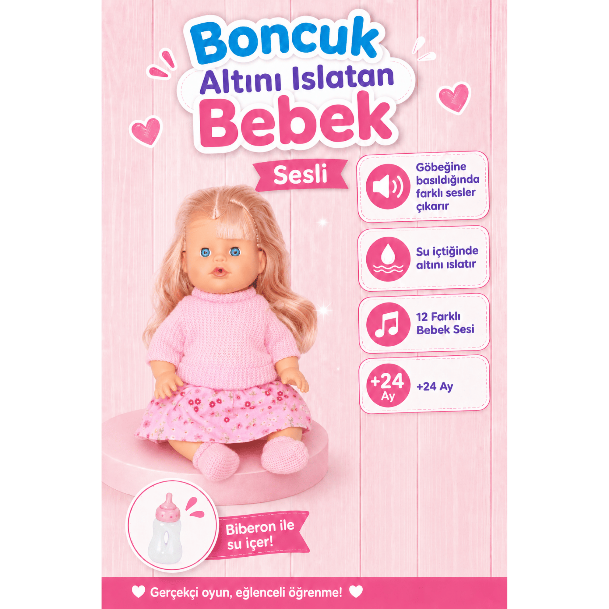 Oyuncak 30 Cm Sesli Altını Islatan Boncuk Bebek Biberonlu Emzikli 12 Farklı Sesli Pilli Bebek (Pembe)