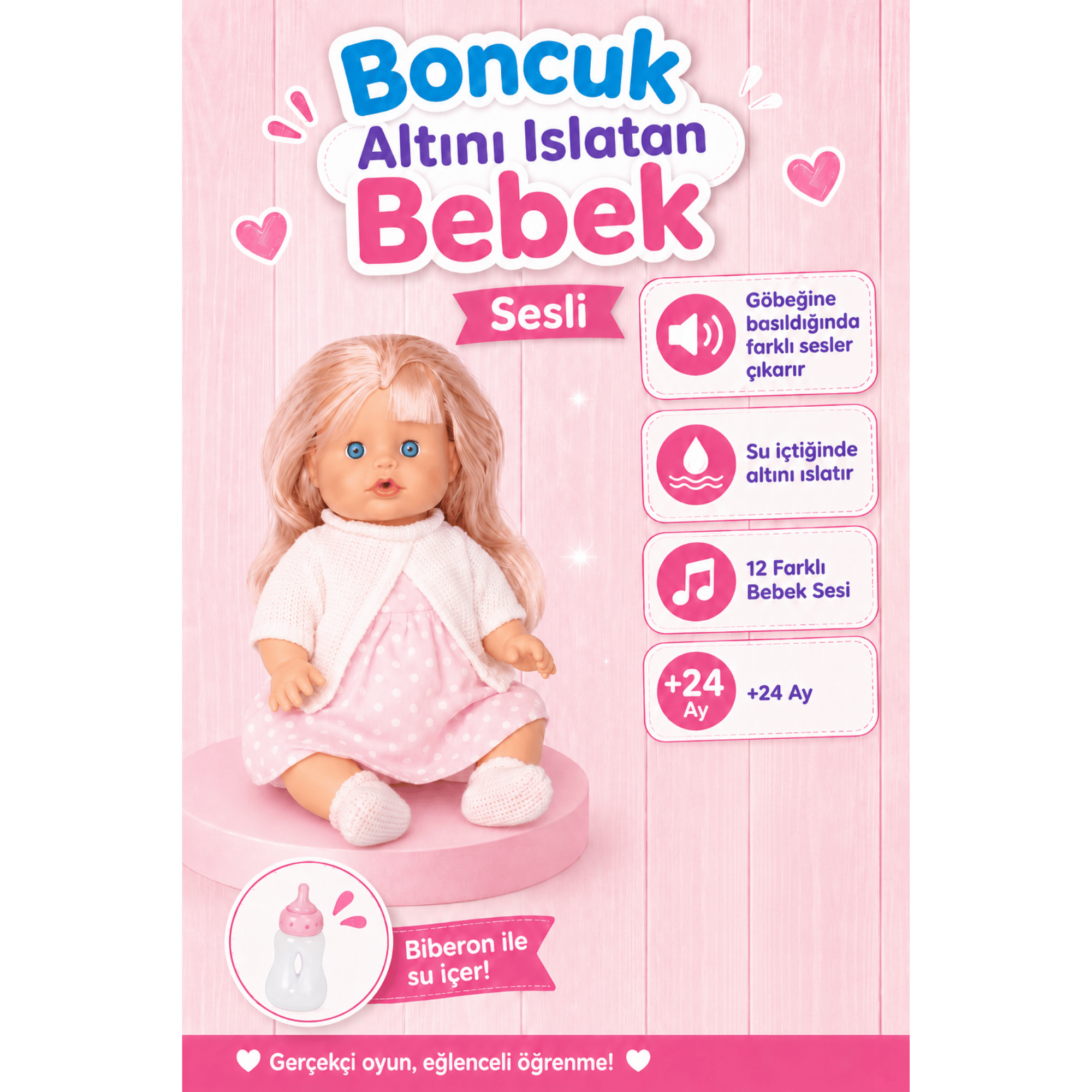 Oyuncak 30 Cm Sesli Altını Islatan Boncuk Bebek Biberonlu Emzikli 12 Farklı Sesli Pilli Bebek (Beyaz)