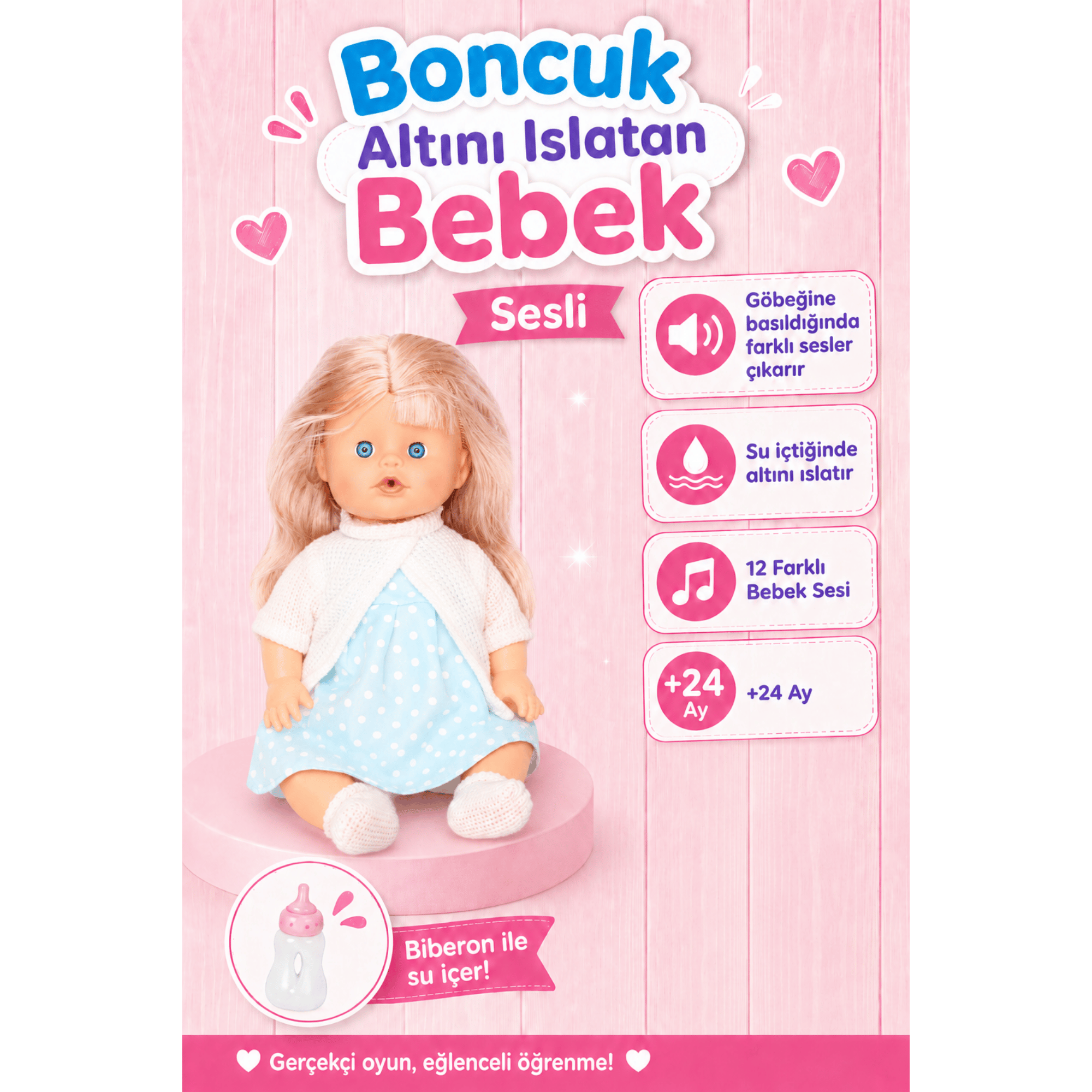 Oyuncak 30 Cm Sesli Altını Islatan Boncuk Bebek Biberonlu Emzikli 12 Farklı Sesli Pilli Bebek (Mavi-Beyaz)