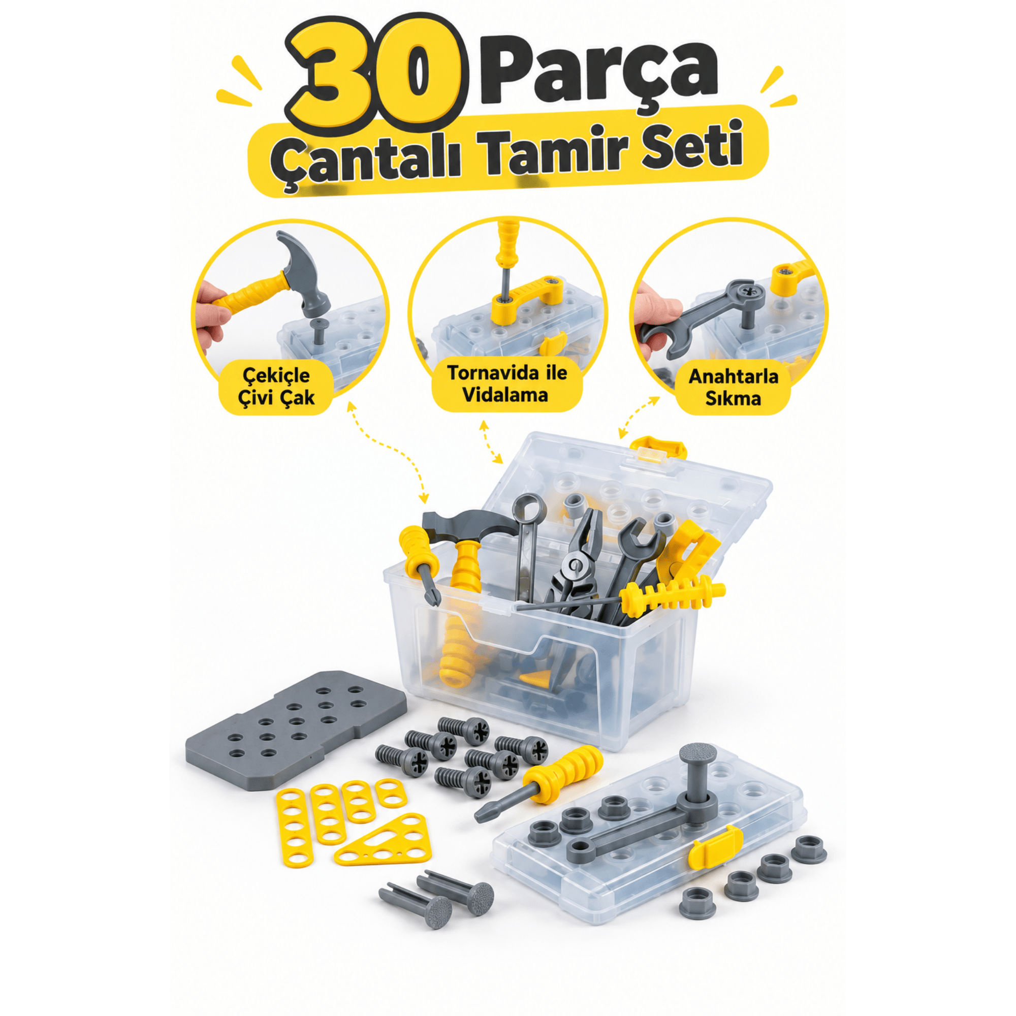Oyuncak 30 Parça Çantalı Oyuncak Tamir Seti Çekiç Tornavida Pense Anahtar Testere Vidalama Çivi Çakma Vidalama Oyunu Çocuk Alet Seti